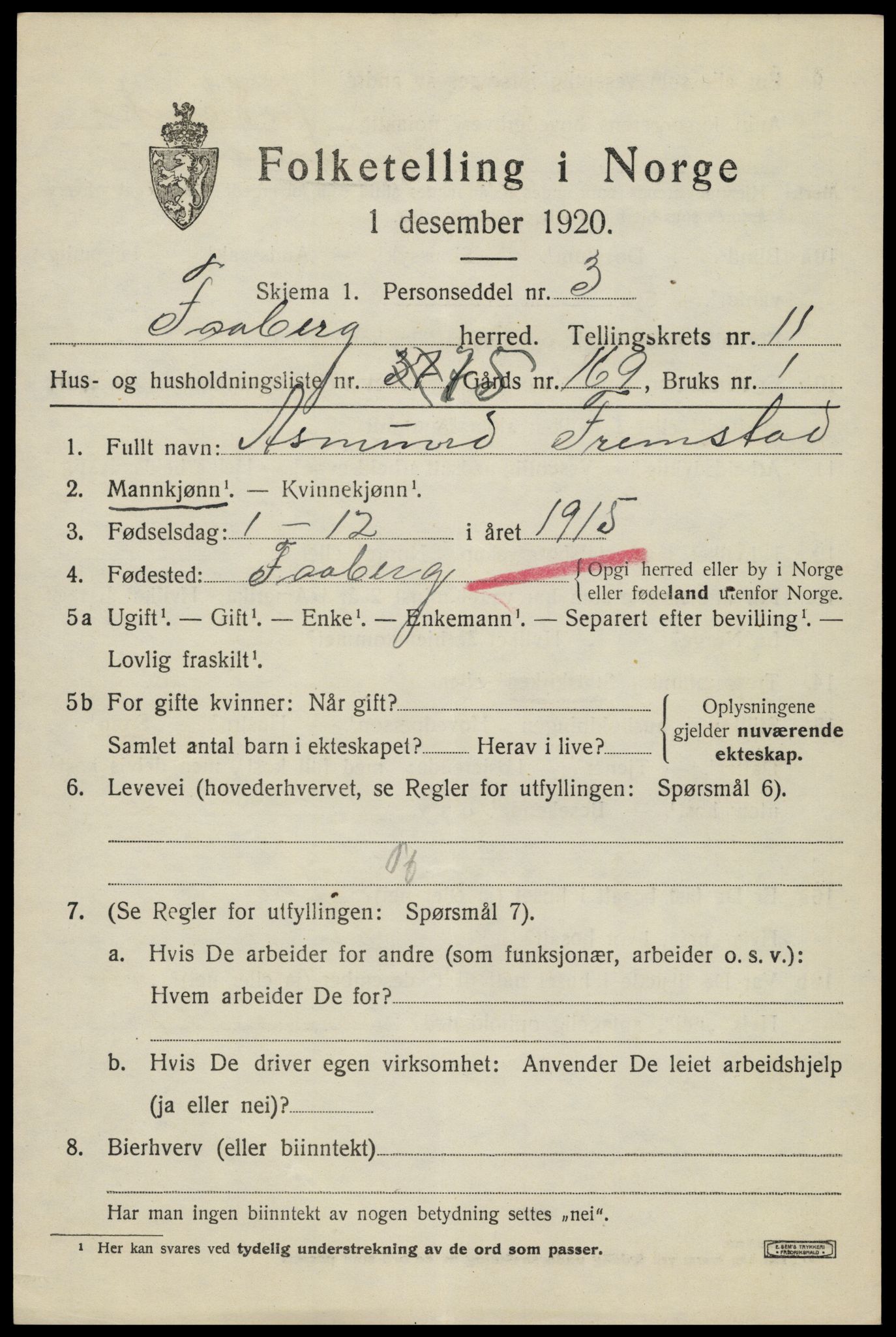 SAH, 1920 census for Fåberg, 1920, p. 12718