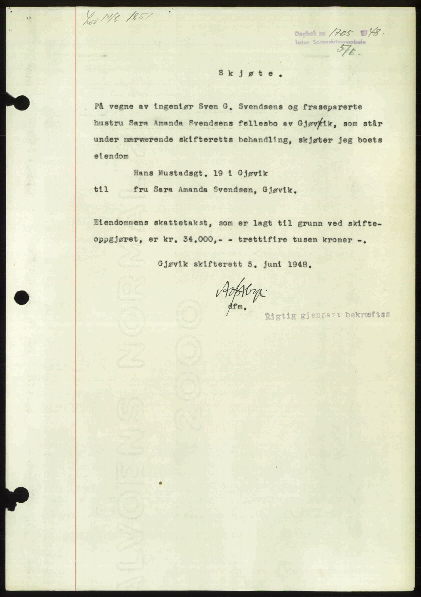 Toten tingrett, SAH/TING-006/H/Hb/Hbc/L0020: Mortgage book no. Hbc-20, 1948-1948, Diary no: : 1705/1948