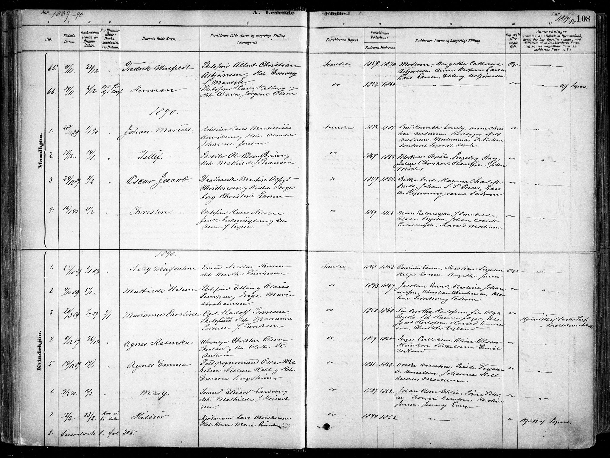 Arendal sokneprestkontor, Trefoldighet, SAK/1111-0040/F/Fa/L0008: Parish register (official) no. A 8, 1878-1899, p. 108