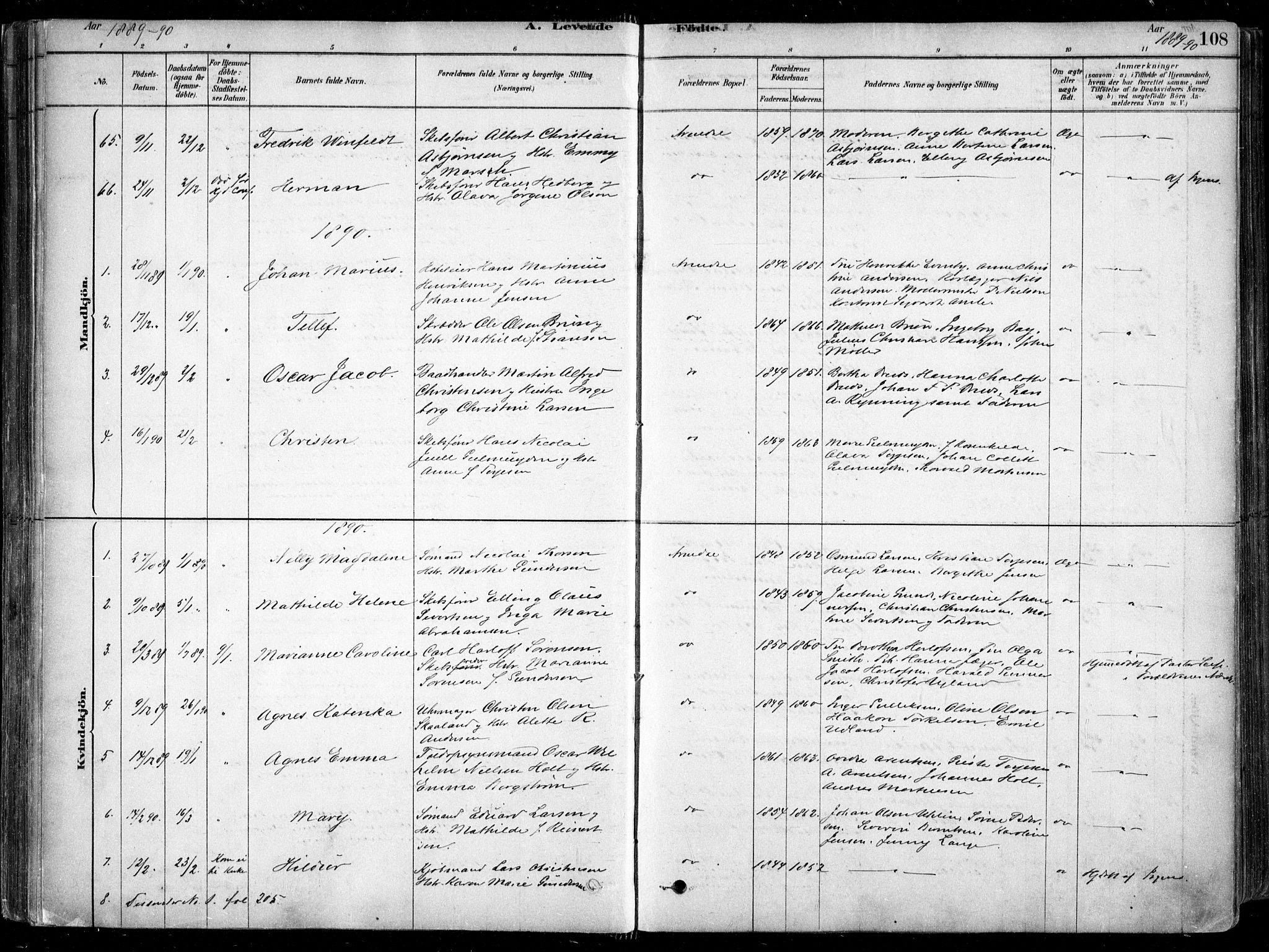 Arendal sokneprestkontor, Trefoldighet, AV/SAK-1111-0040/F/Fa/L0008: Parish register (official) no. A 8, 1878-1899, p. 108