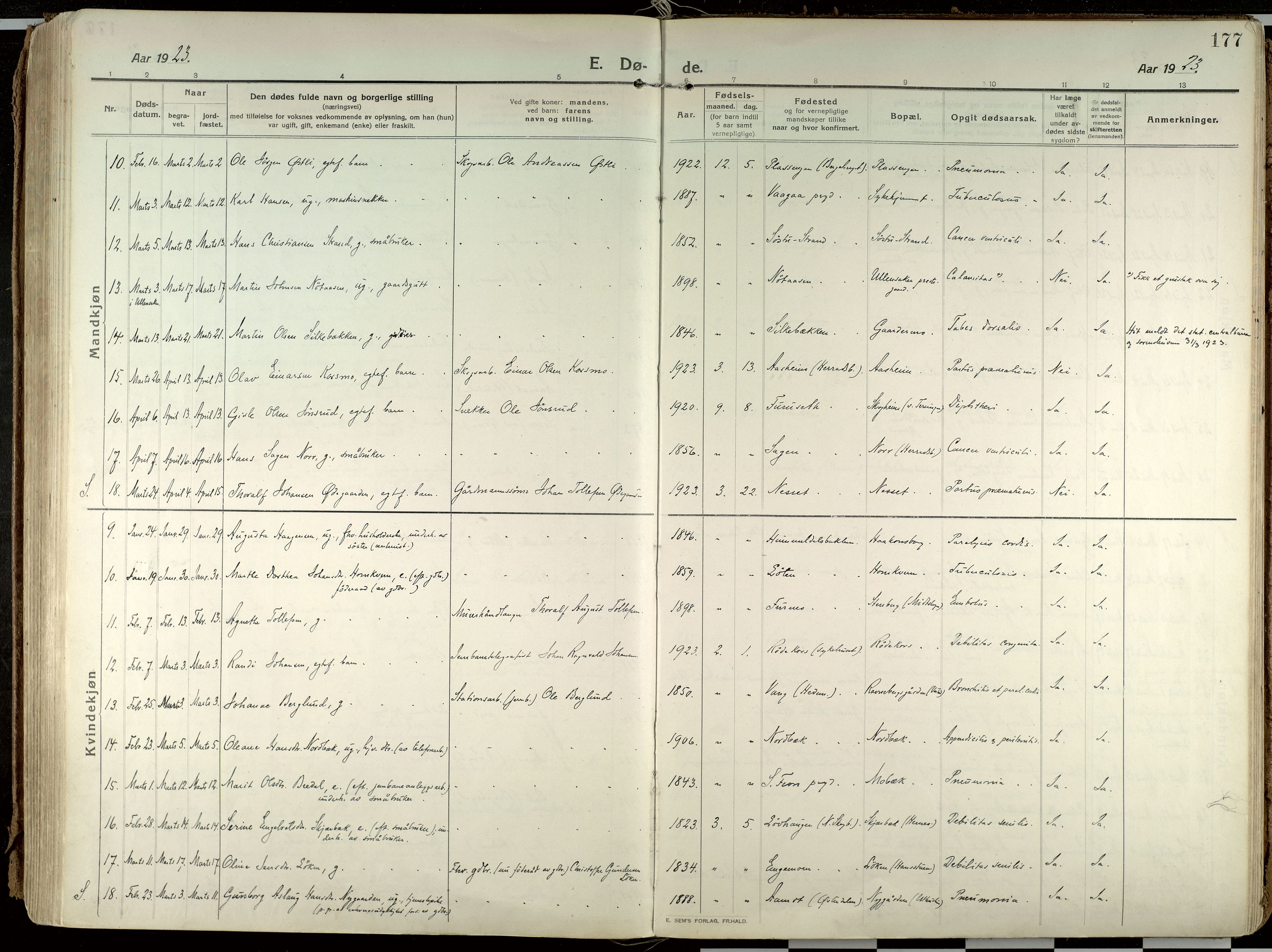 Elverum prestekontor, AV/SAH-PREST-044/H/Ha/Haa/L0021: Parish register (official) no. 21, 1913-1928, p. 177