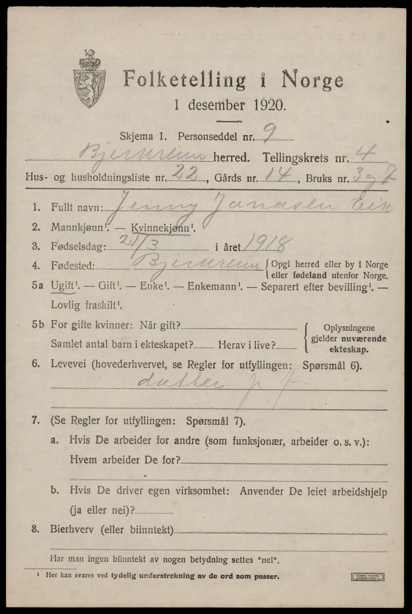 SAST, 1920 census for Bjerkreim, 1920, p. 2040