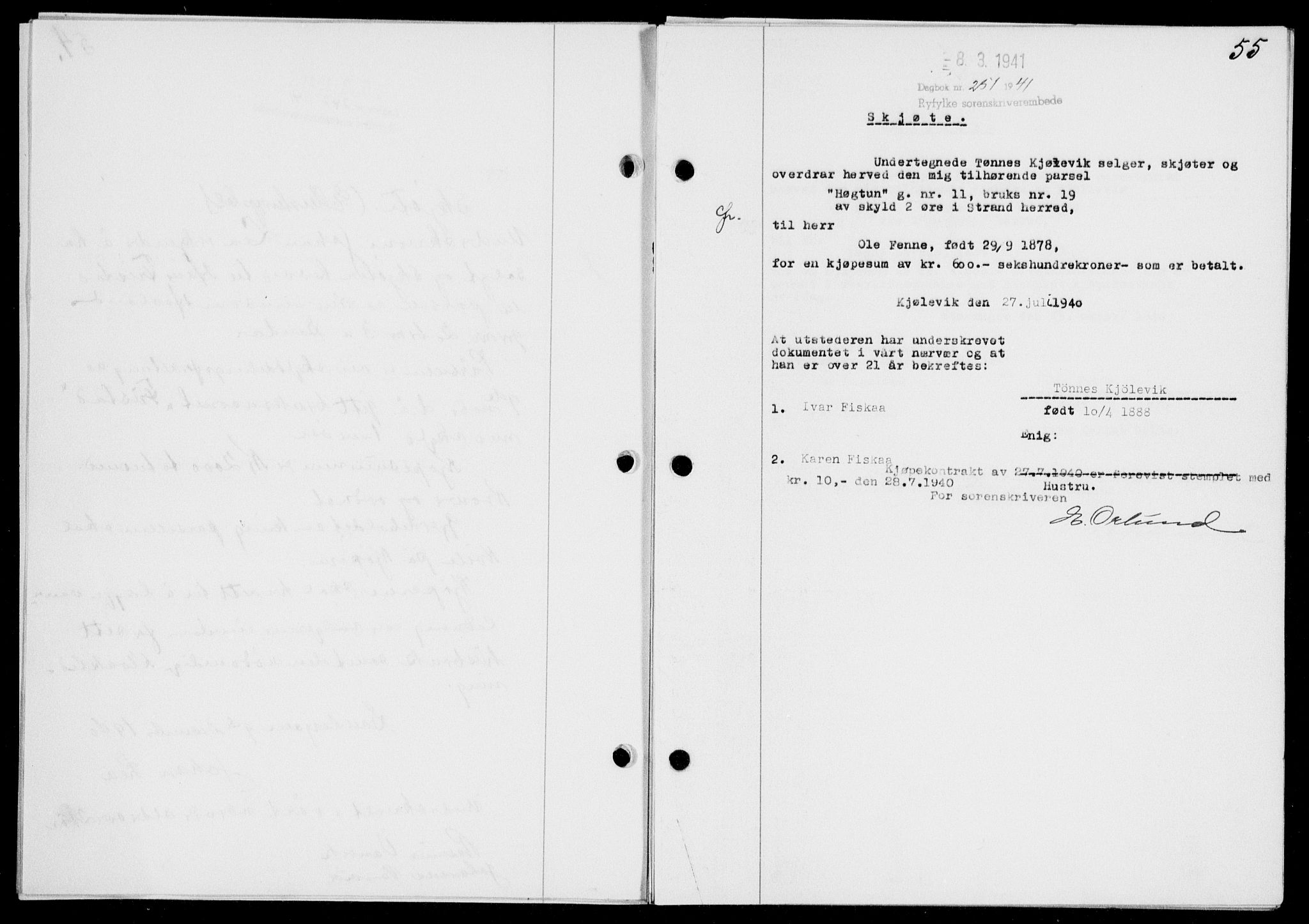 Ryfylke tingrett, SAST/A-100055/001/II/IIB/L0085: Mortgage book no. 64, 1941-1941, Diary no: : 251/1941