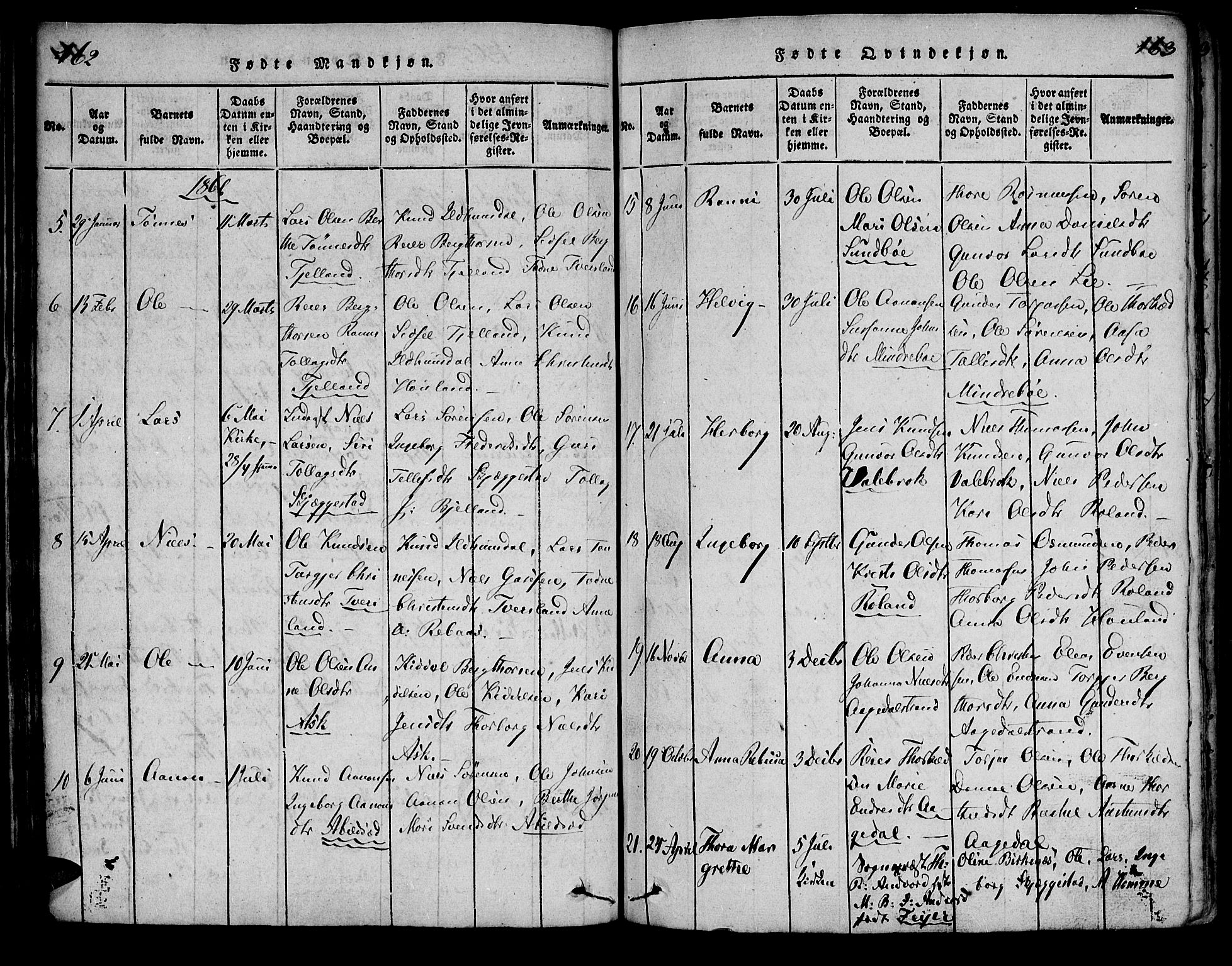 Bjelland sokneprestkontor, SAK/1111-0005/F/Fa/Faa/L0002: Parish register (official) no. A 2, 1816-1866, p. 162-163