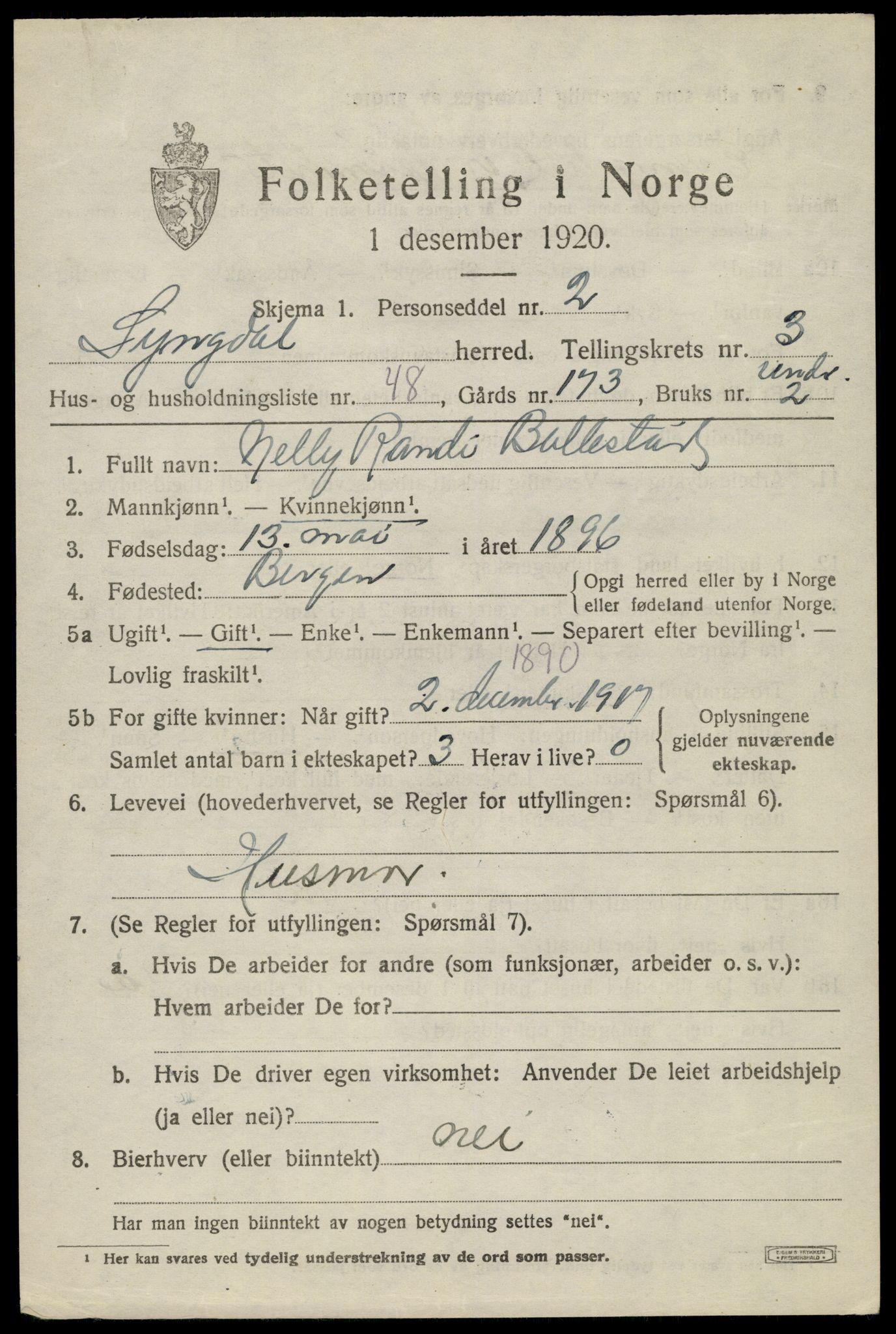 SAK, 1920 census for Lyngdal, 1920, p. 2303