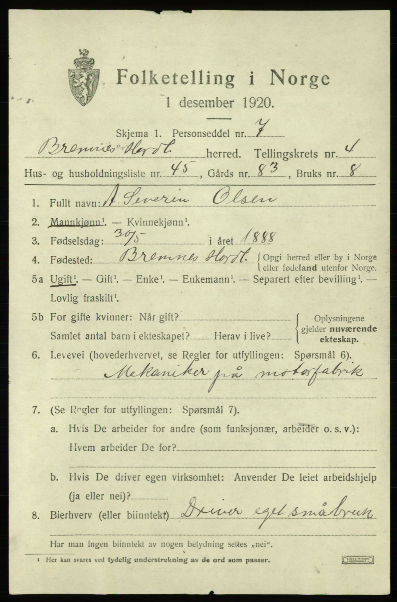 SAB, 1920 census for Bremnes, 1920, p. 2496