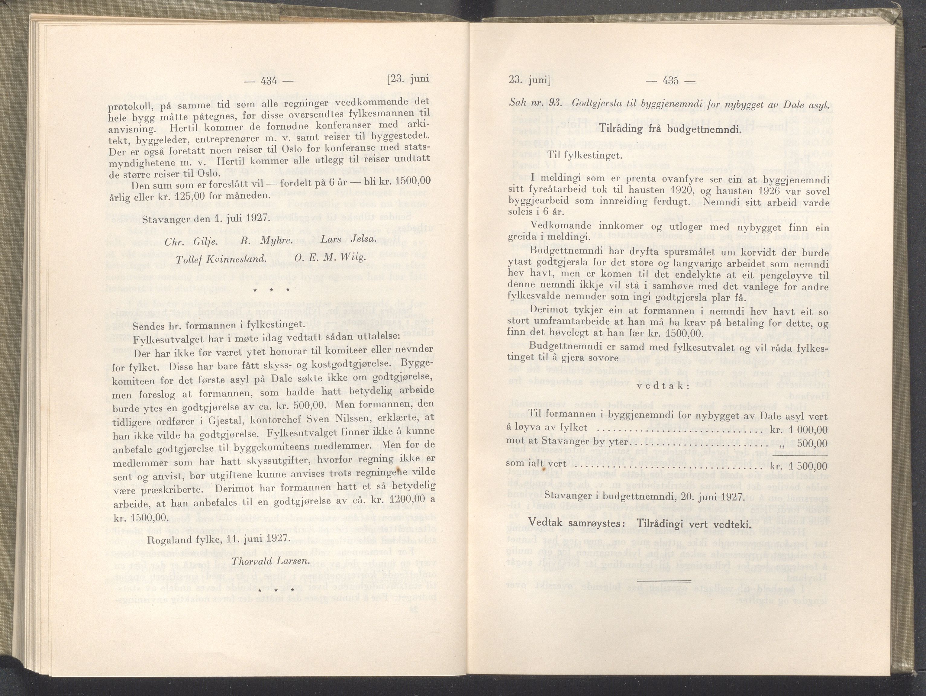 Rogaland fylkeskommune - Fylkesrådmannen , IKAR/A-900/A/Aa/Aaa/L0046: Møtebok , 1927, p. 434-435