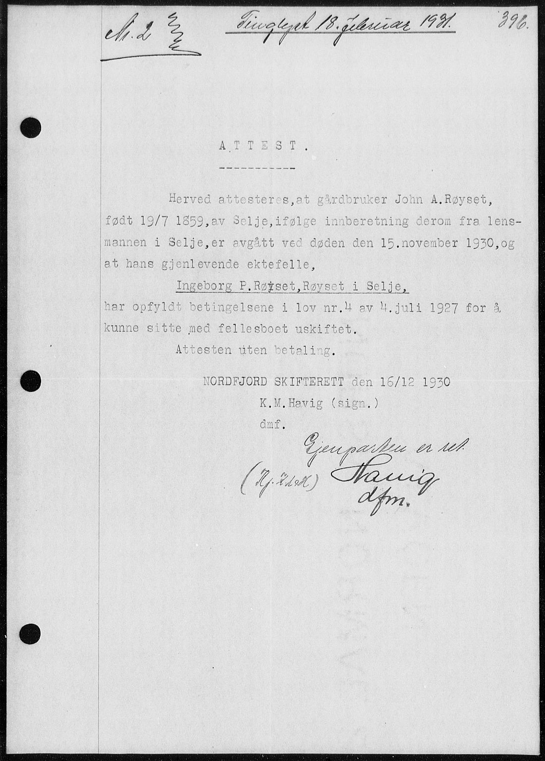 Nordfjord sorenskriveri, AV/SAB-A-2801/02/02b/02ba/L0073: Mortgage book no. II.B.a.73, 1930-1931, Deed date: 18.02.1931