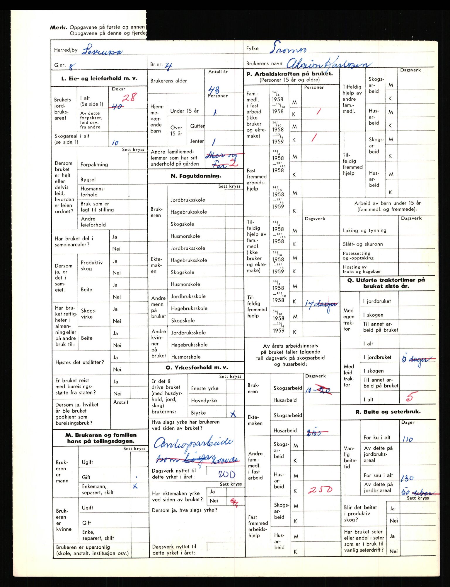 Statistisk sentralbyrå, Næringsøkonomiske emner, Jordbruk, skogbruk, jakt, fiske og fangst, AV/RA-S-2234/G/Gd/L0656: Troms: 1924 Målselv (kl. 0-3) og 1925 Sørreisa, 1959, p. 1727