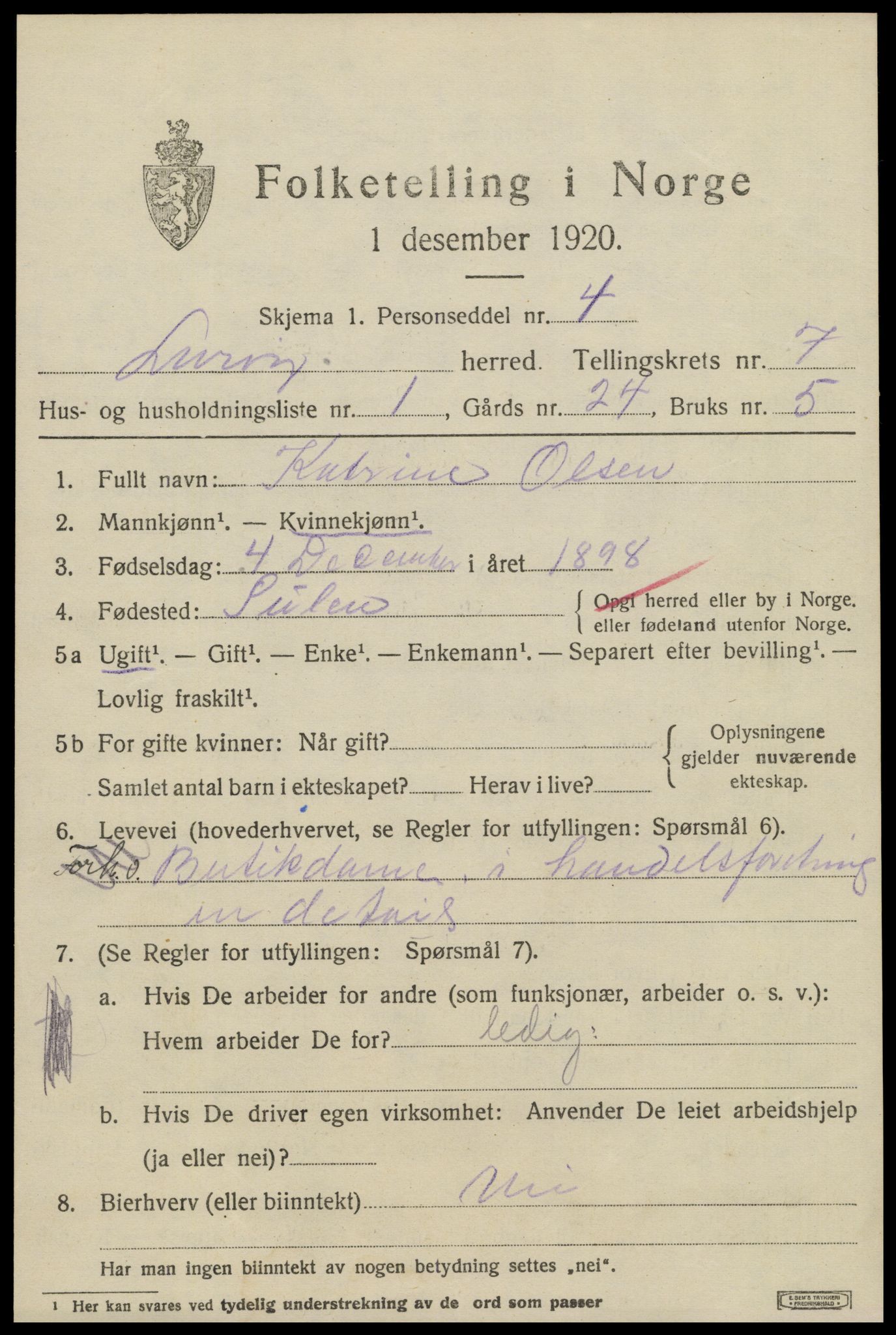 SAT, 1920 census for Lurøy, 1920, p. 3601