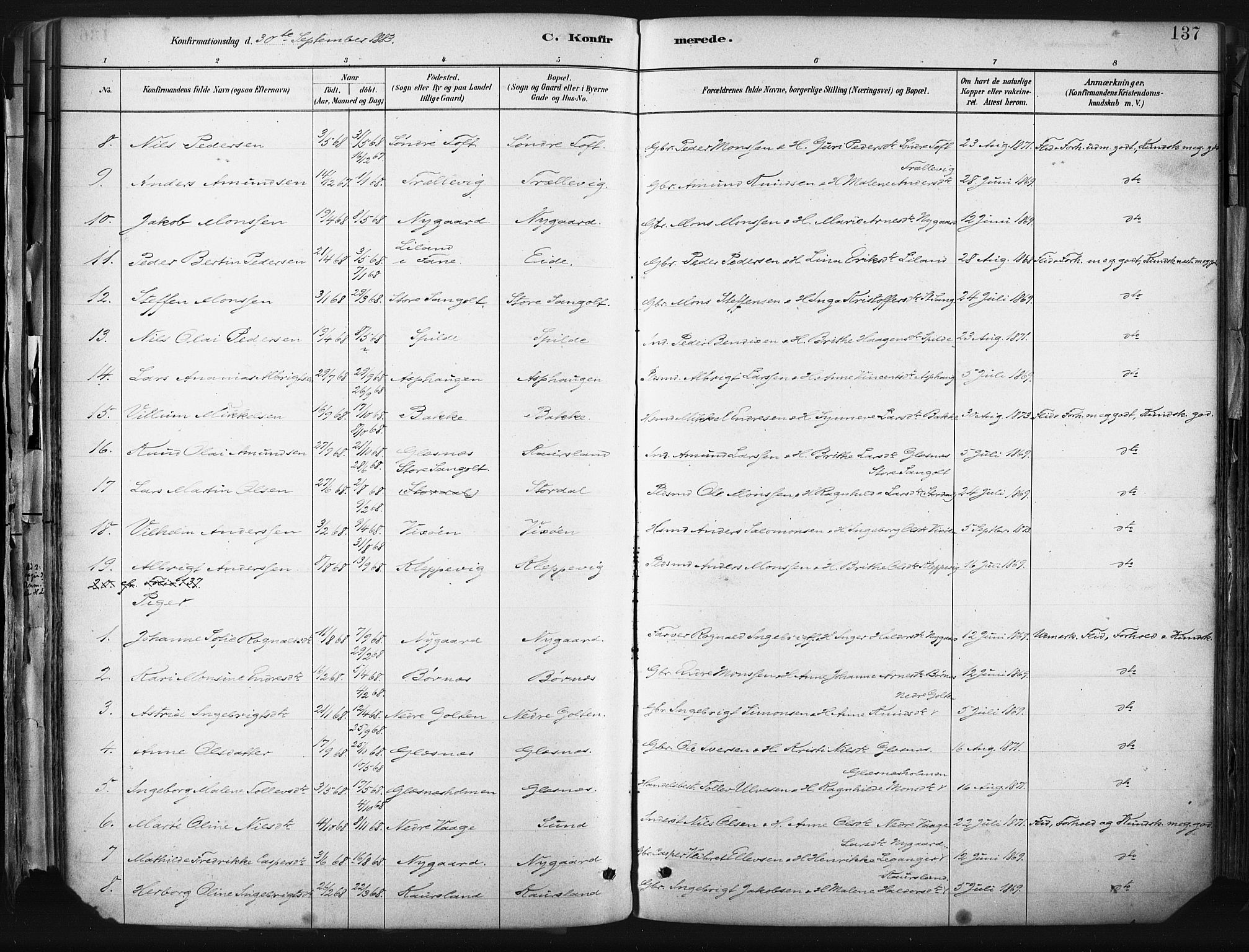 Sund sokneprestembete, AV/SAB-A-99930: Parish register (official) no. B 1, 1882-1907, p. 137