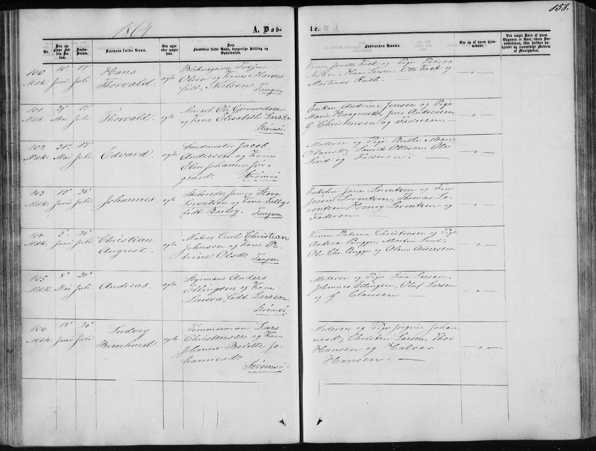Strømsø kirkebøker, SAKO/A-246/F/Fa/L0015: Parish register (official) no. I 15, 1859-1868, p. 158