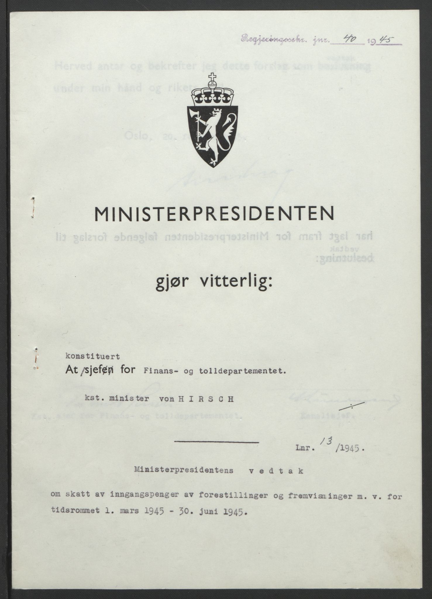 NS-administrasjonen 1940-1945 (Statsrådsekretariatet, de kommisariske statsråder mm), RA/S-4279/D/Db/L0101/0001: -- / Lover og vedtak, 1945, p. 213