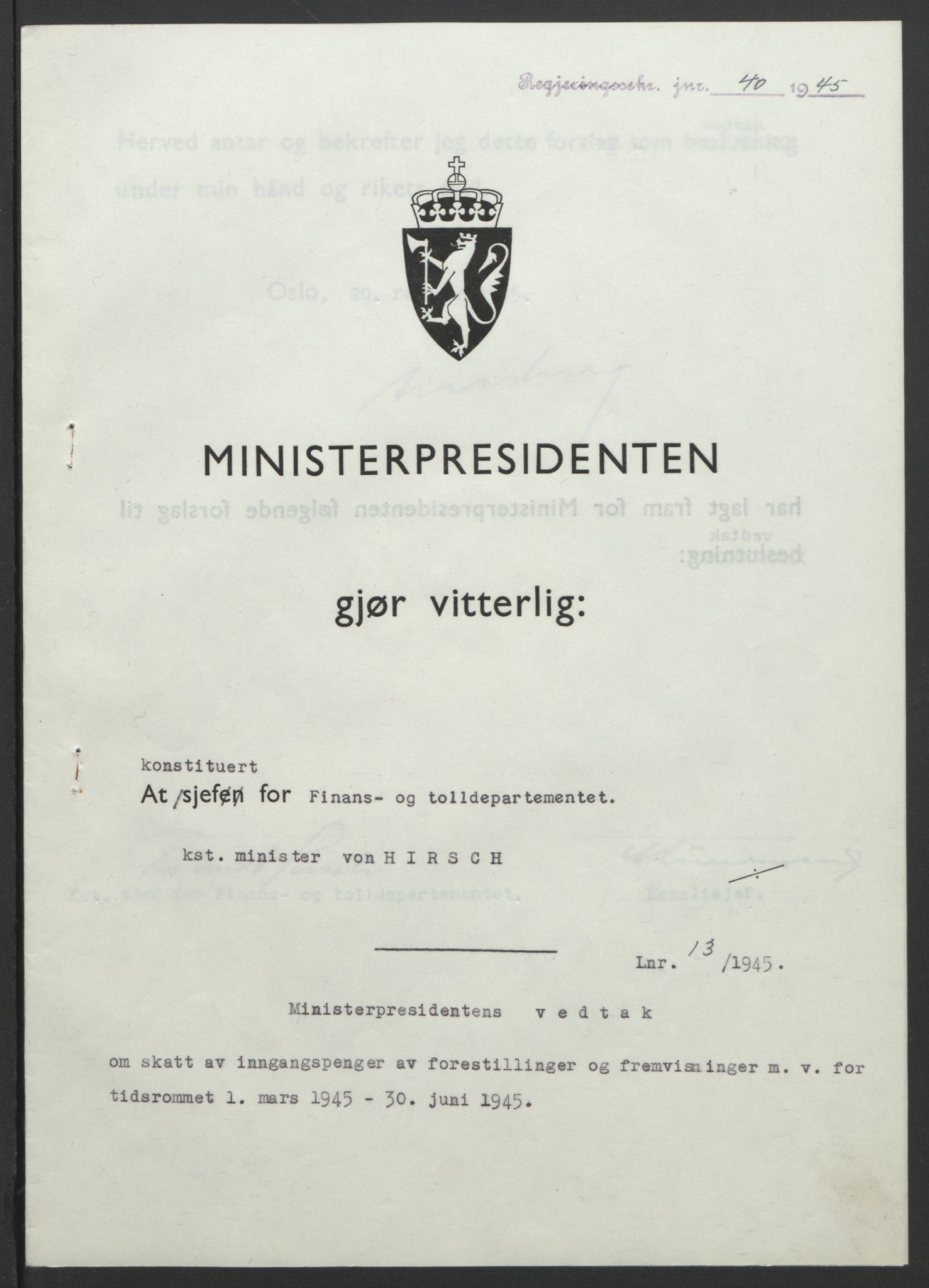 NS-administrasjonen 1940-1945 (Statsrådsekretariatet, de kommisariske statsråder mm), AV/RA-S-4279/D/Db/L0101/0001: -- / Lover og vedtak, 1945, p. 213