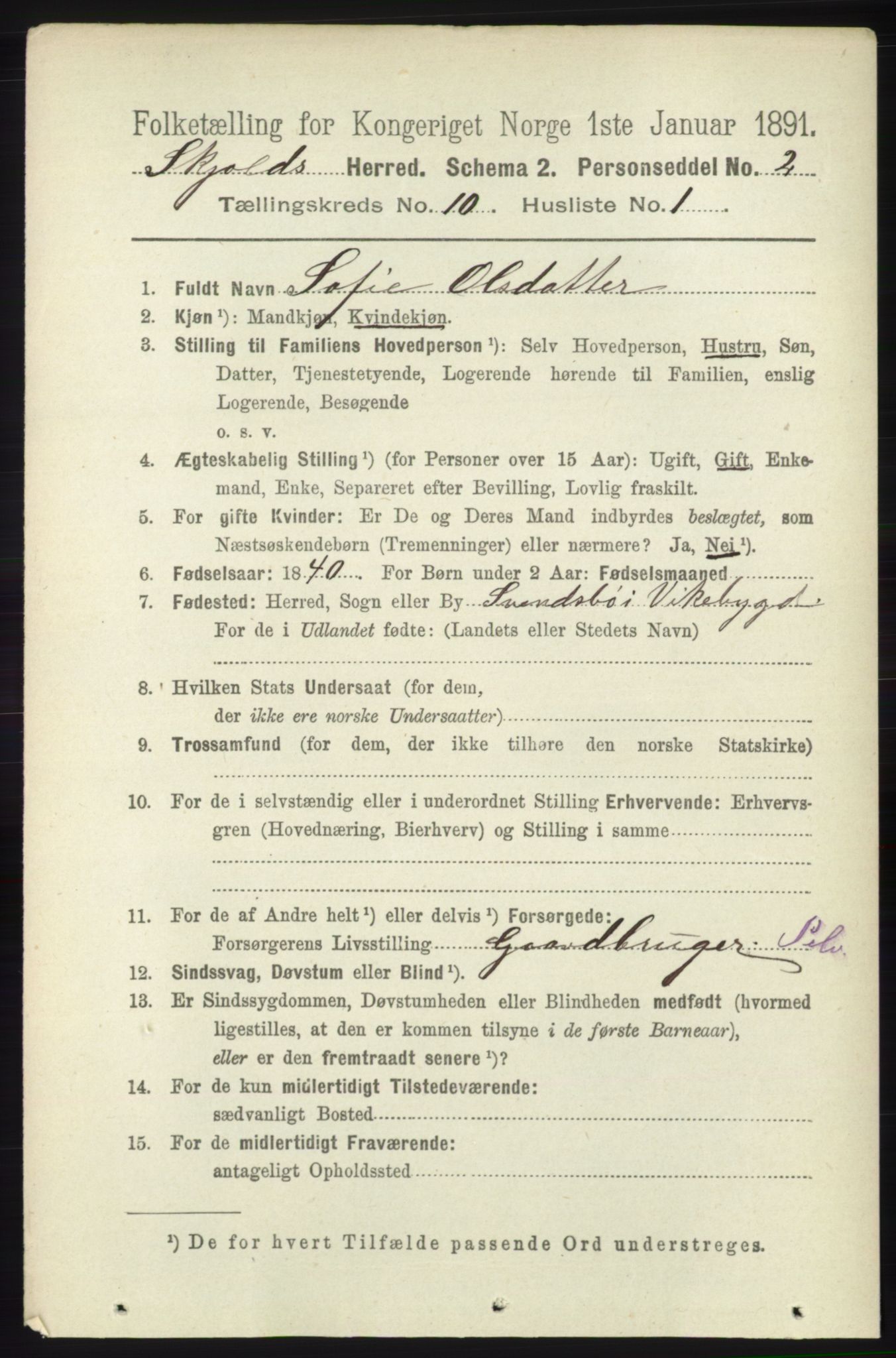 RA, 1891 census for 1154 Skjold, 1891, p. 2000