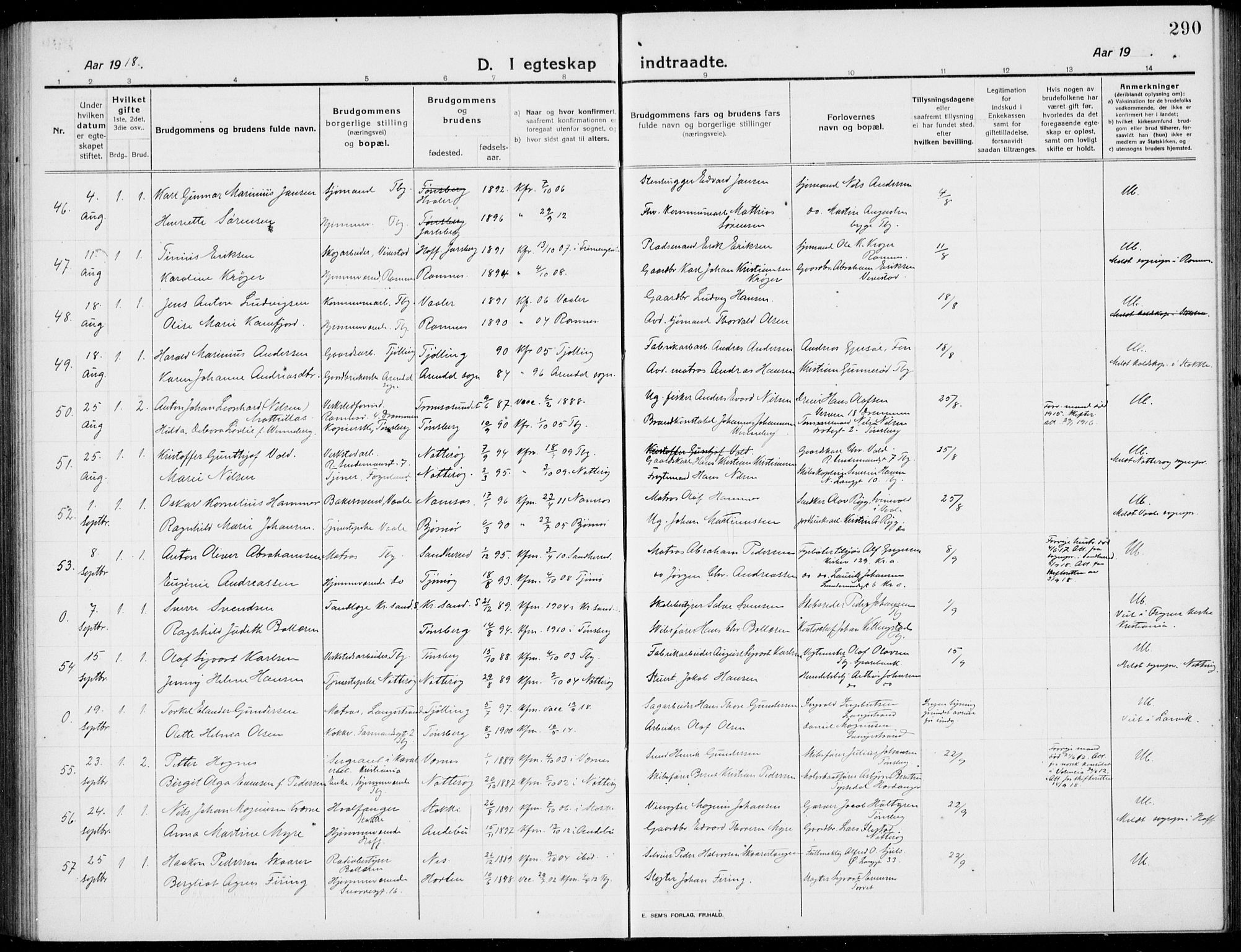 Tønsberg kirkebøker, AV/SAKO-A-330/G/Ga/L0009: Parish register (copy) no. 9, 1913-1920, p. 290