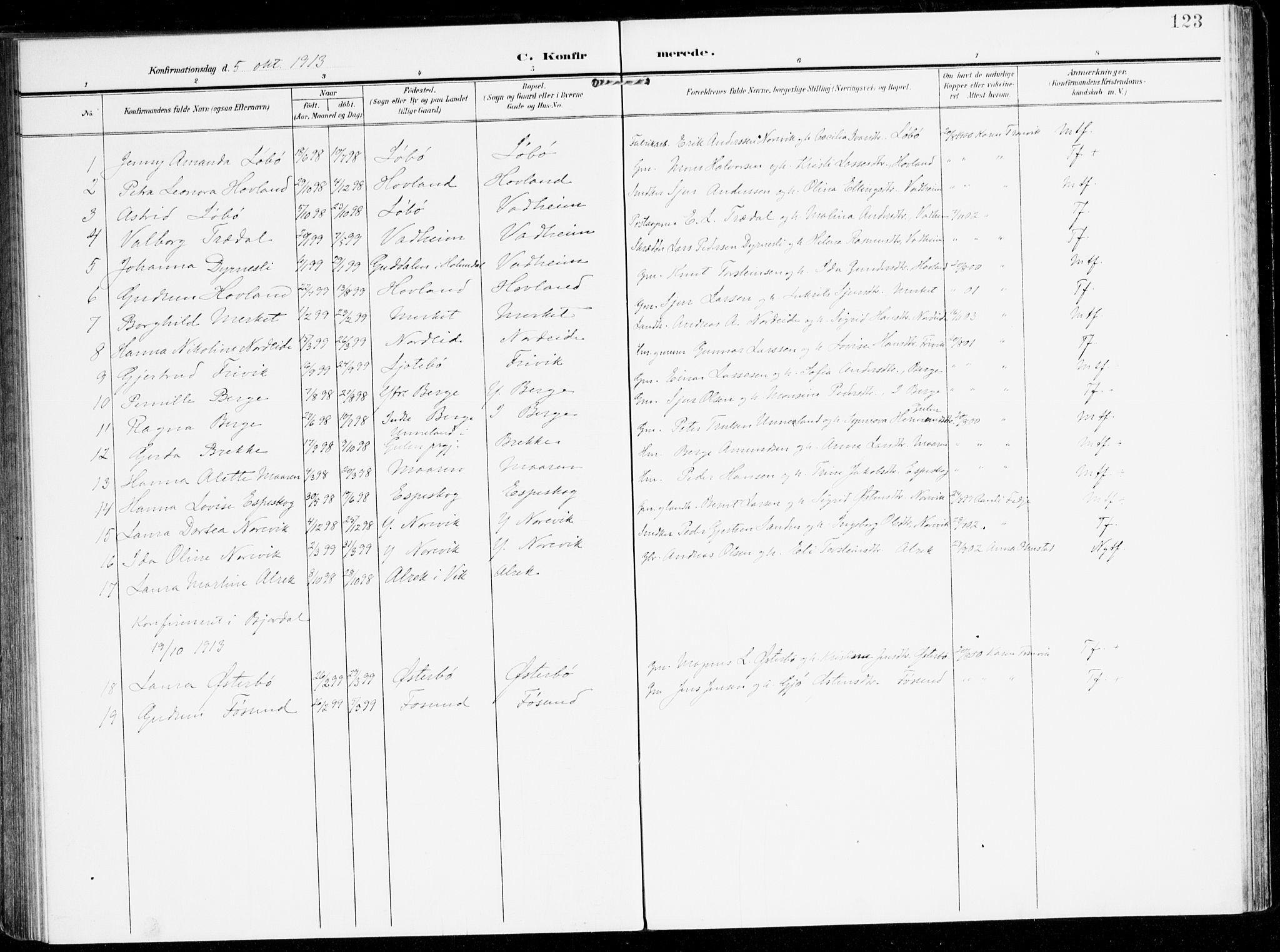 Lavik sokneprestembete, AV/SAB-A-80901: Parish register (official) no. C 2, 1904-1921, p. 123