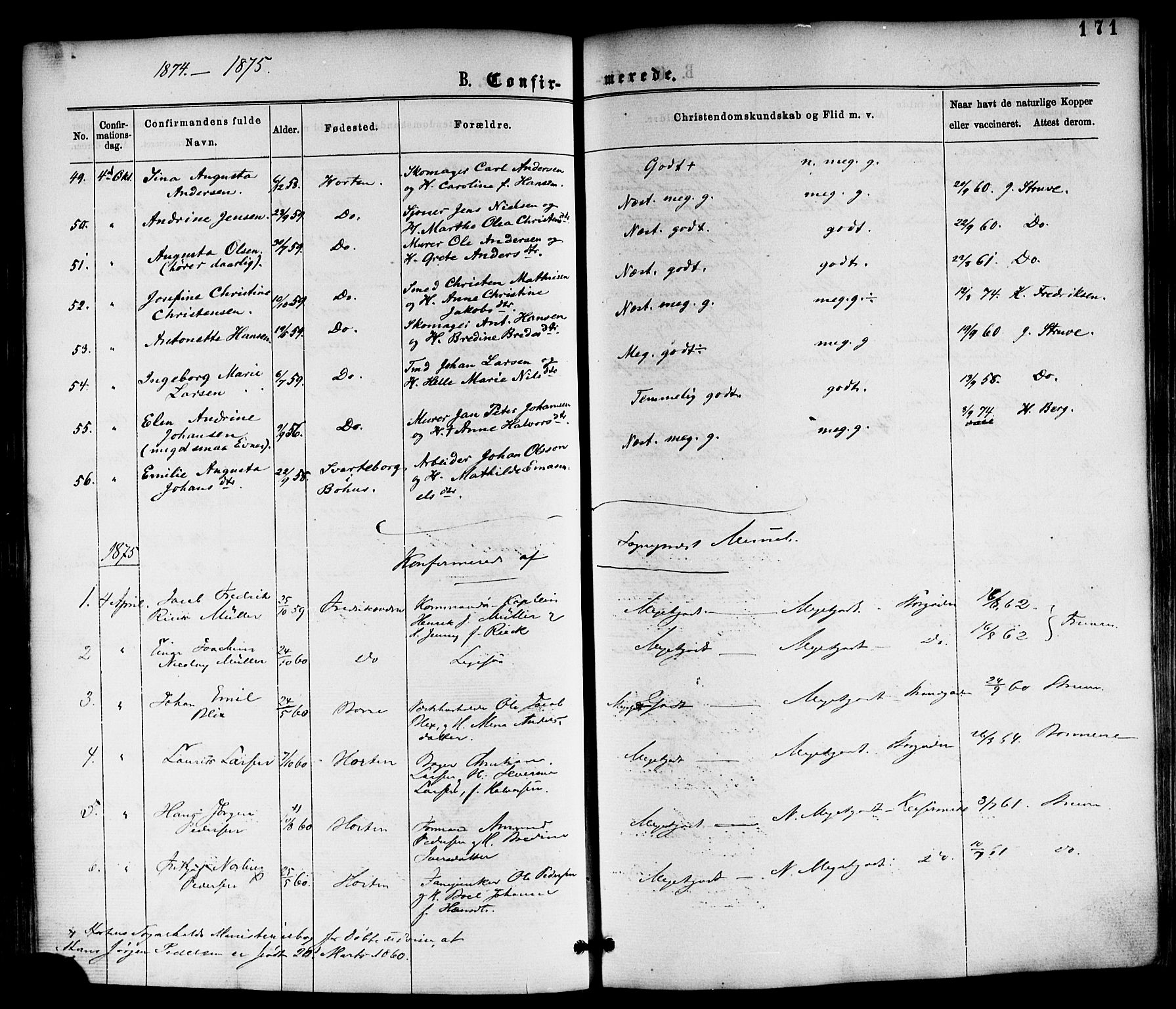 Horten kirkebøker, SAKO/A-348/F/Fa/L0002: Parish register (official) no. 2, 1872-1877, p. 171