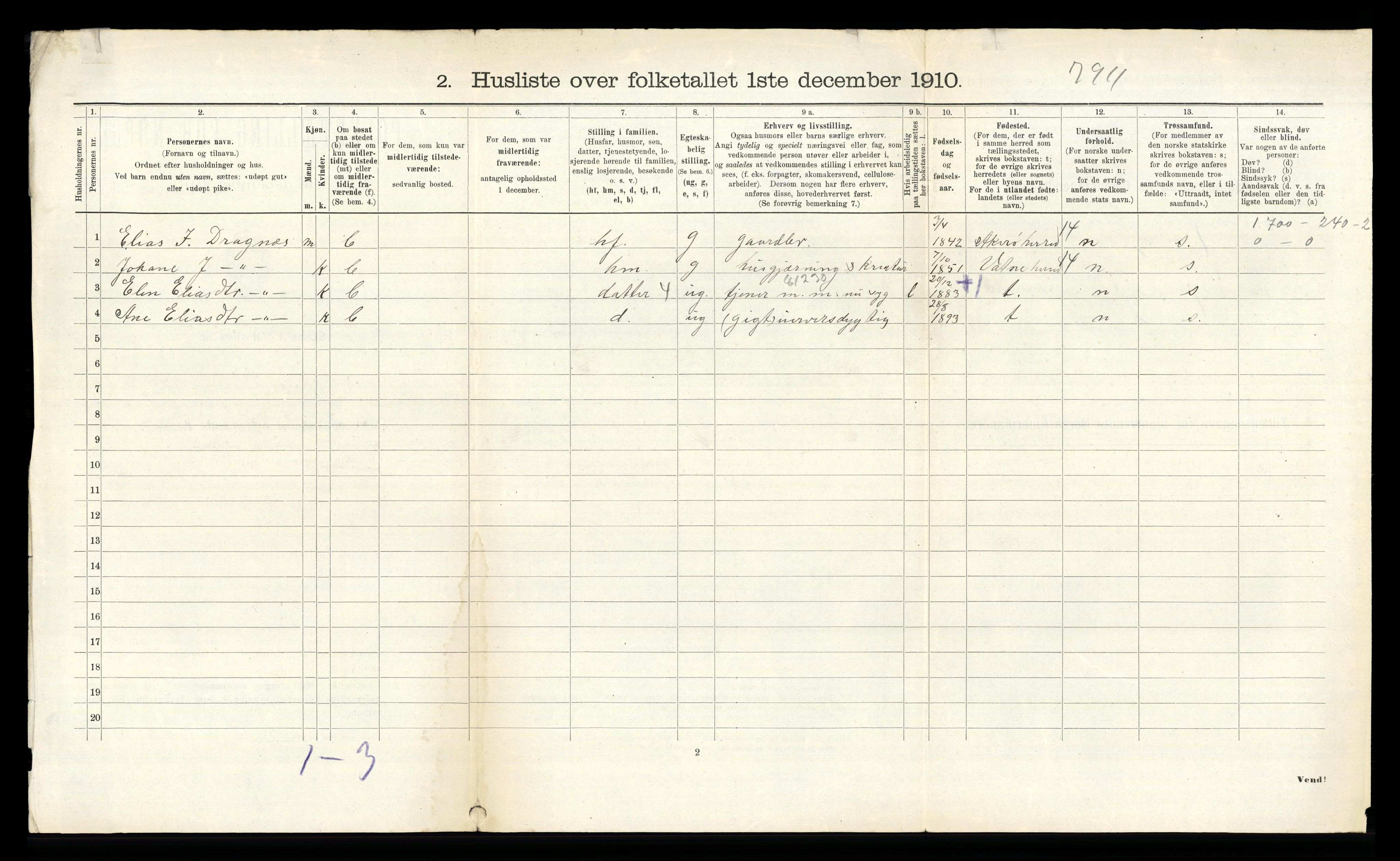 RA, 1910 census for Vestnes, 1910, p. 930