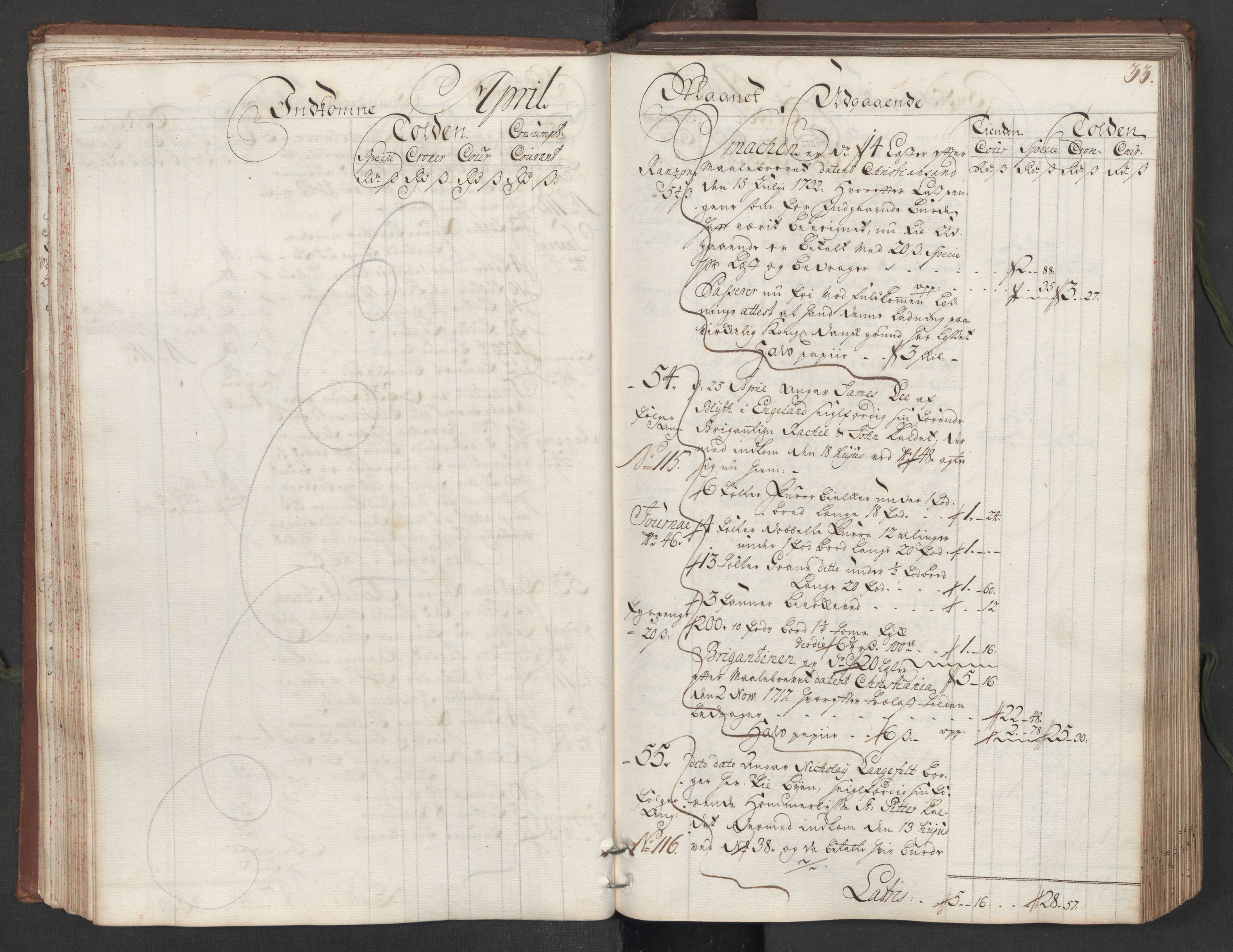 Generaltollkammeret, tollregnskaper, AV/RA-EA-5490/R16/L0013/0001: Tollregnskaper Kristiansand / Hovedtollbok, 1733, p. 32b-33a