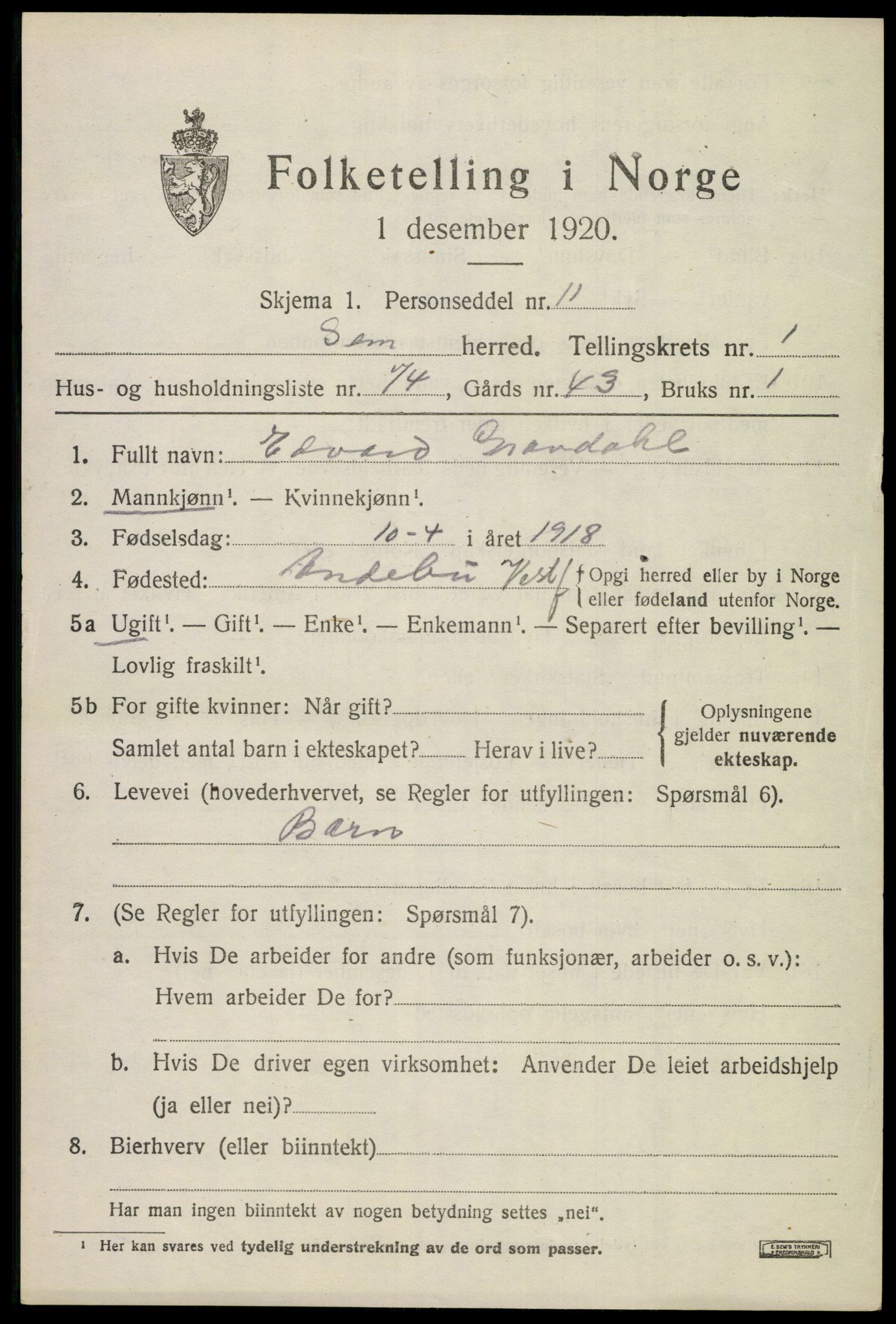SAKO, 1920 census for Sem, 1920, p. 3579