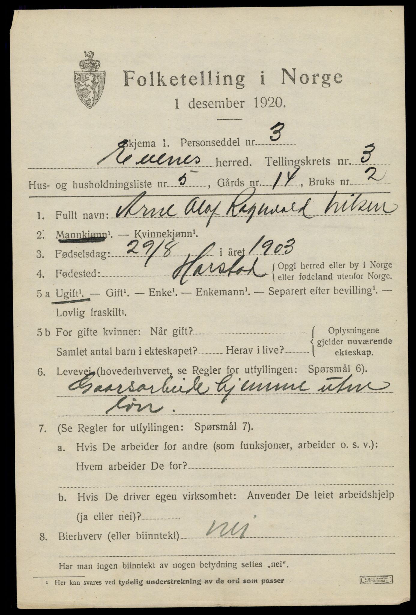 SAT, 1920 census for Evenes, 1920, p. 3004