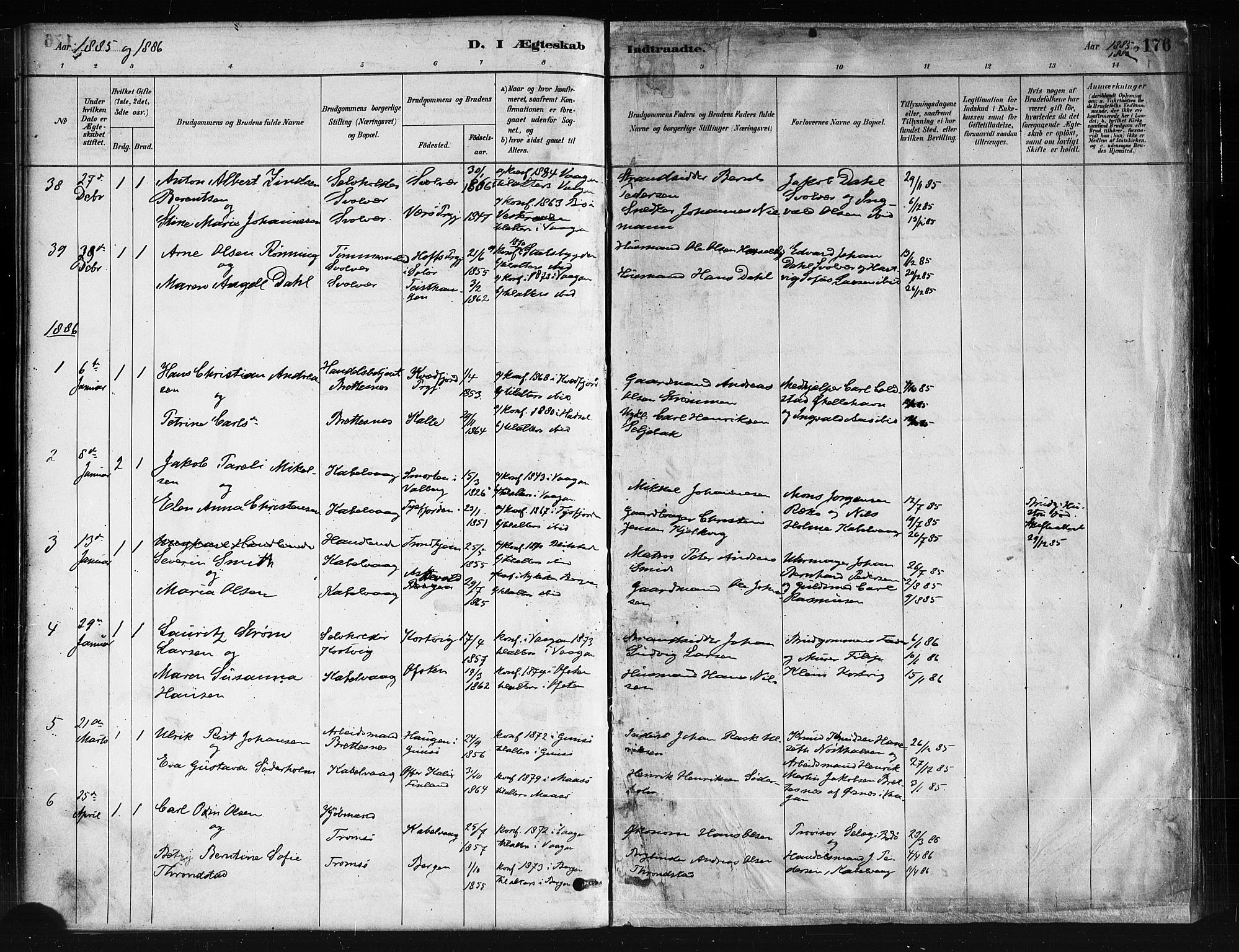 Ministerialprotokoller, klokkerbøker og fødselsregistre - Nordland, AV/SAT-A-1459/874/L1059: Parish register (official) no. 874A03, 1884-1890, p. 176