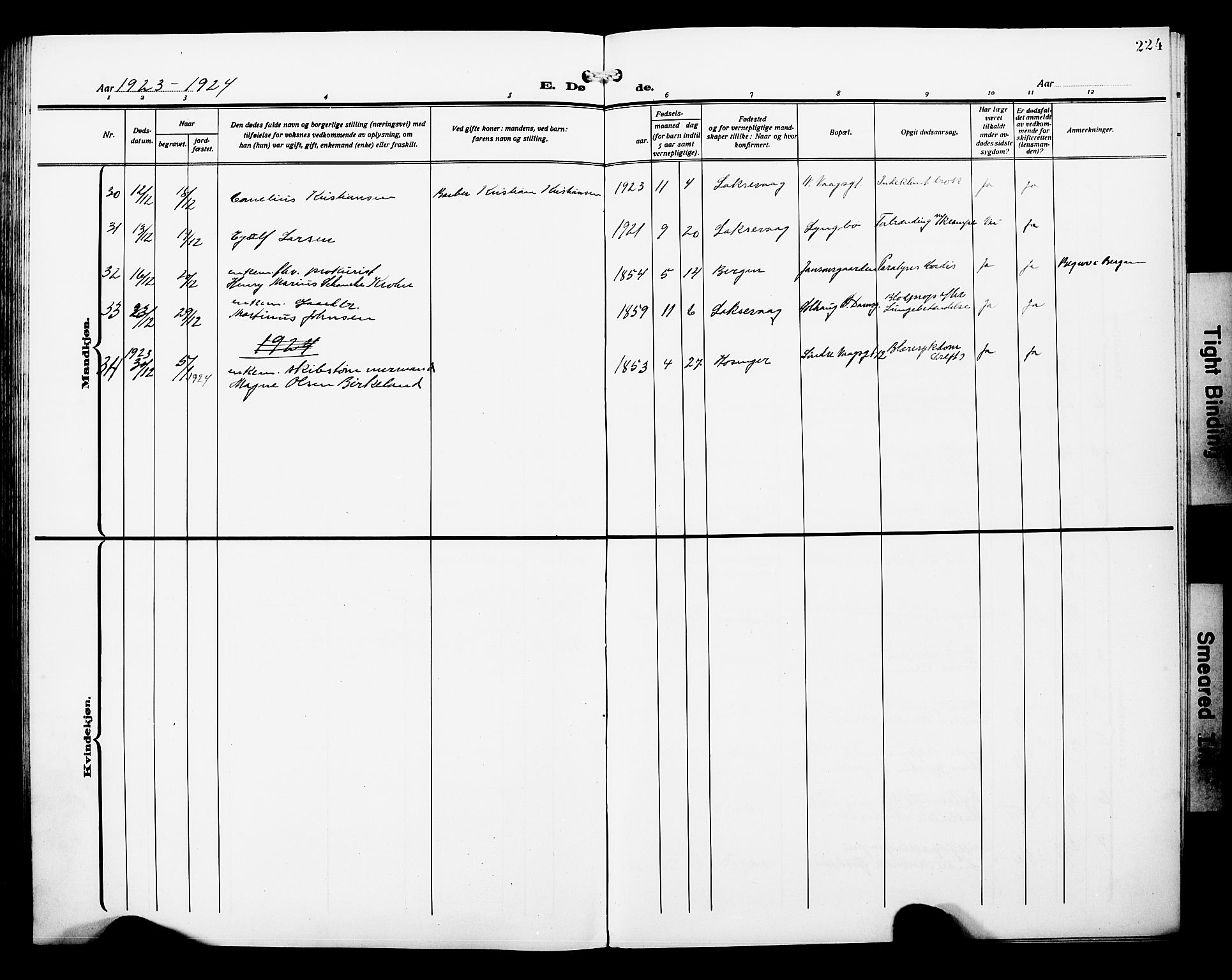 Laksevåg Sokneprestembete, AV/SAB-A-76501/H/Ha/Hab/Haba/L0006: Parish register (copy) no. A 6, 1917-1925, p. 224