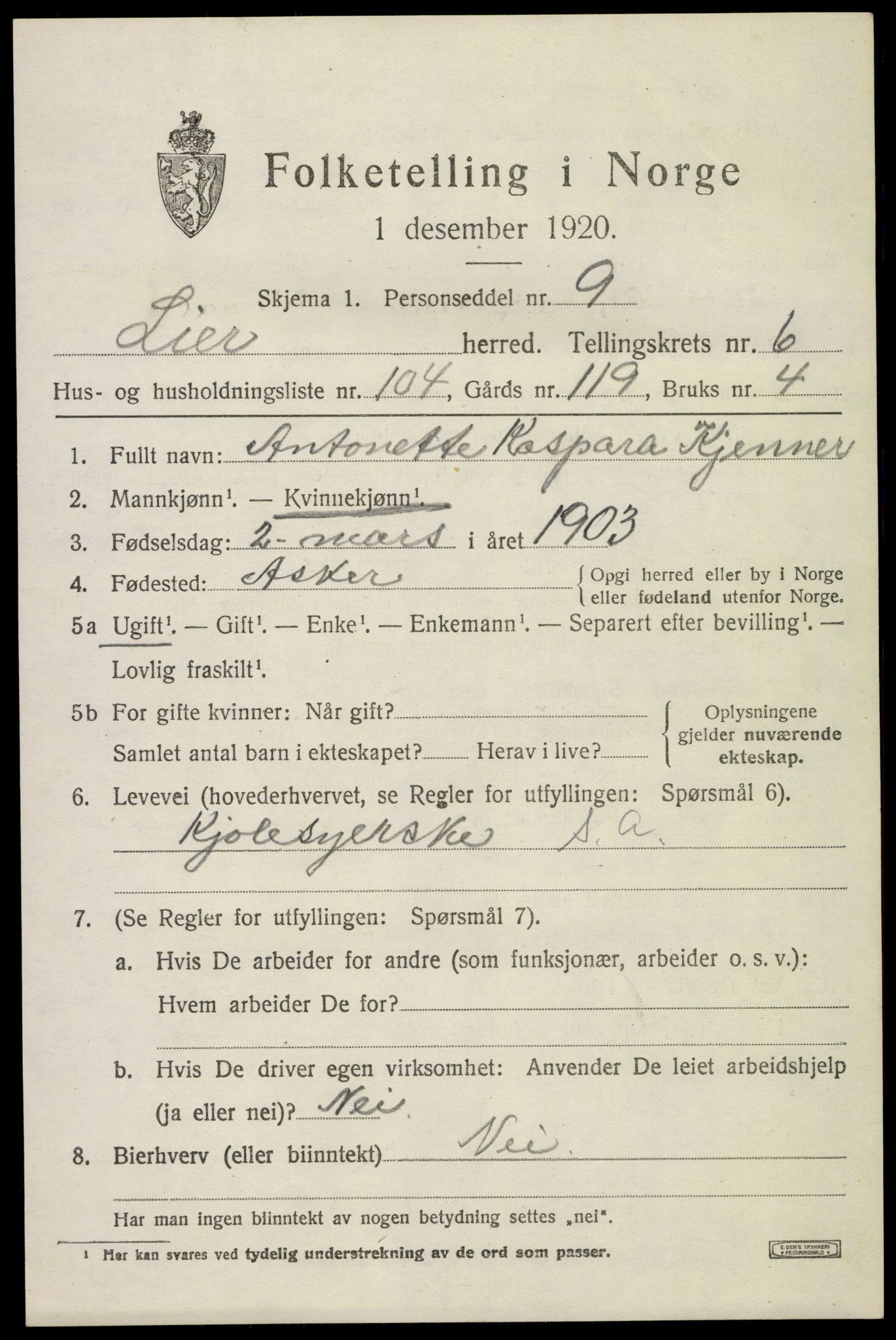 SAKO, 1920 census for Lier, 1920, p. 12492