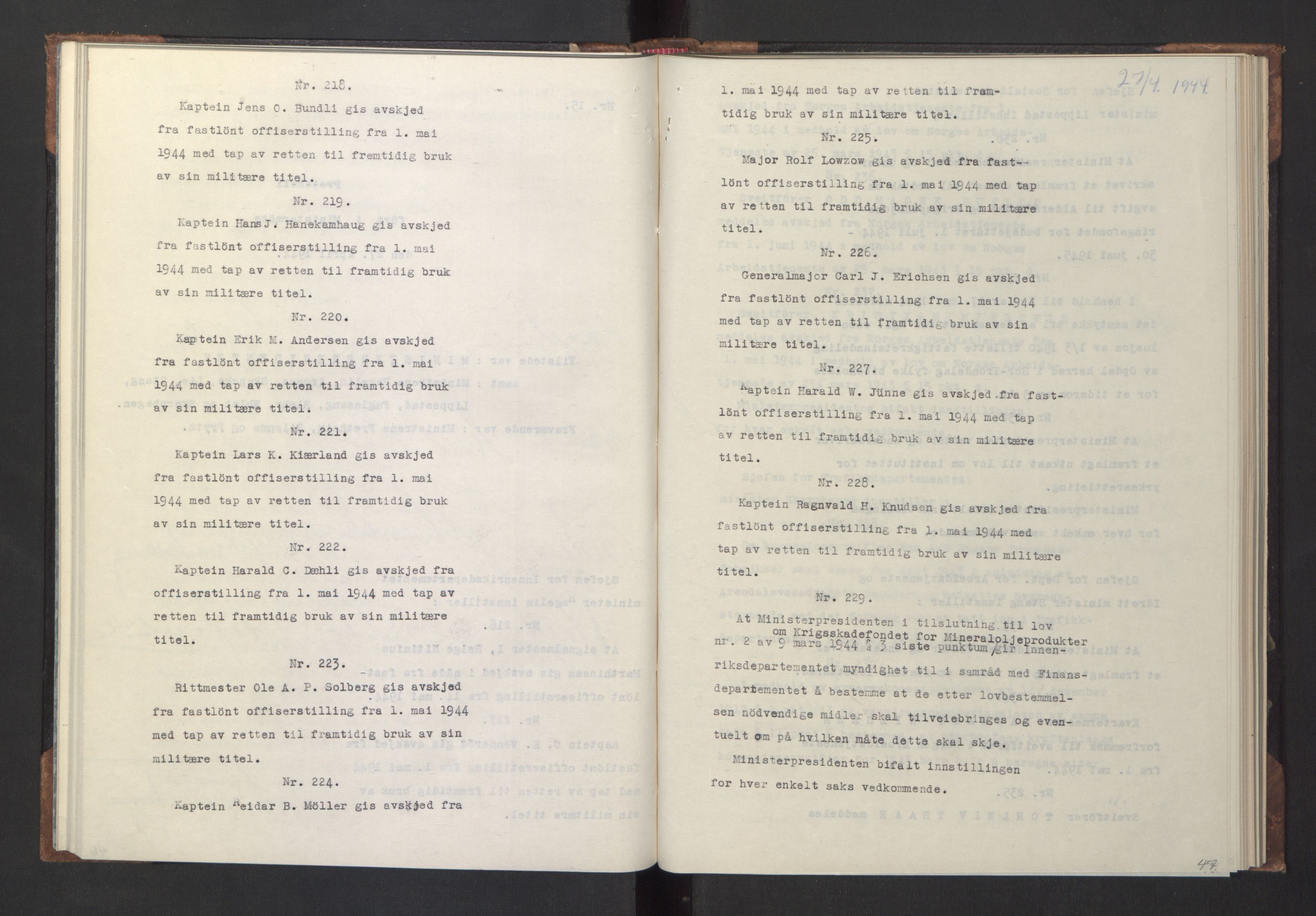 NS-administrasjonen 1940-1945 (Statsrådsekretariatet, de kommisariske statsråder mm), RA/S-4279/D/Da/L0005: Protokoll fra ministermøter, 1944, p. 49