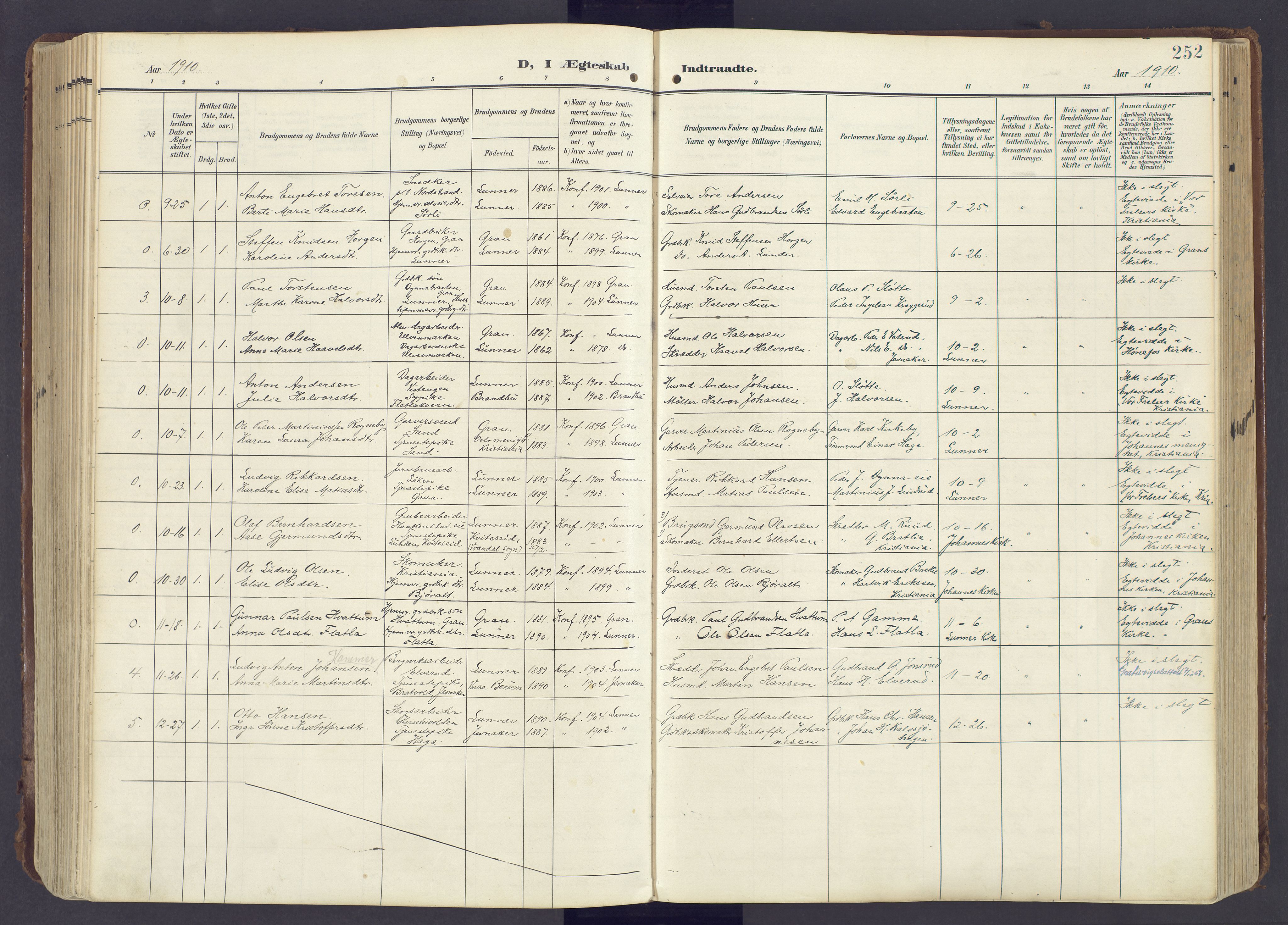 Lunner prestekontor, AV/SAH-PREST-118/H/Ha/Haa/L0001: Parish register (official) no. 1, 1907-1922, p. 252