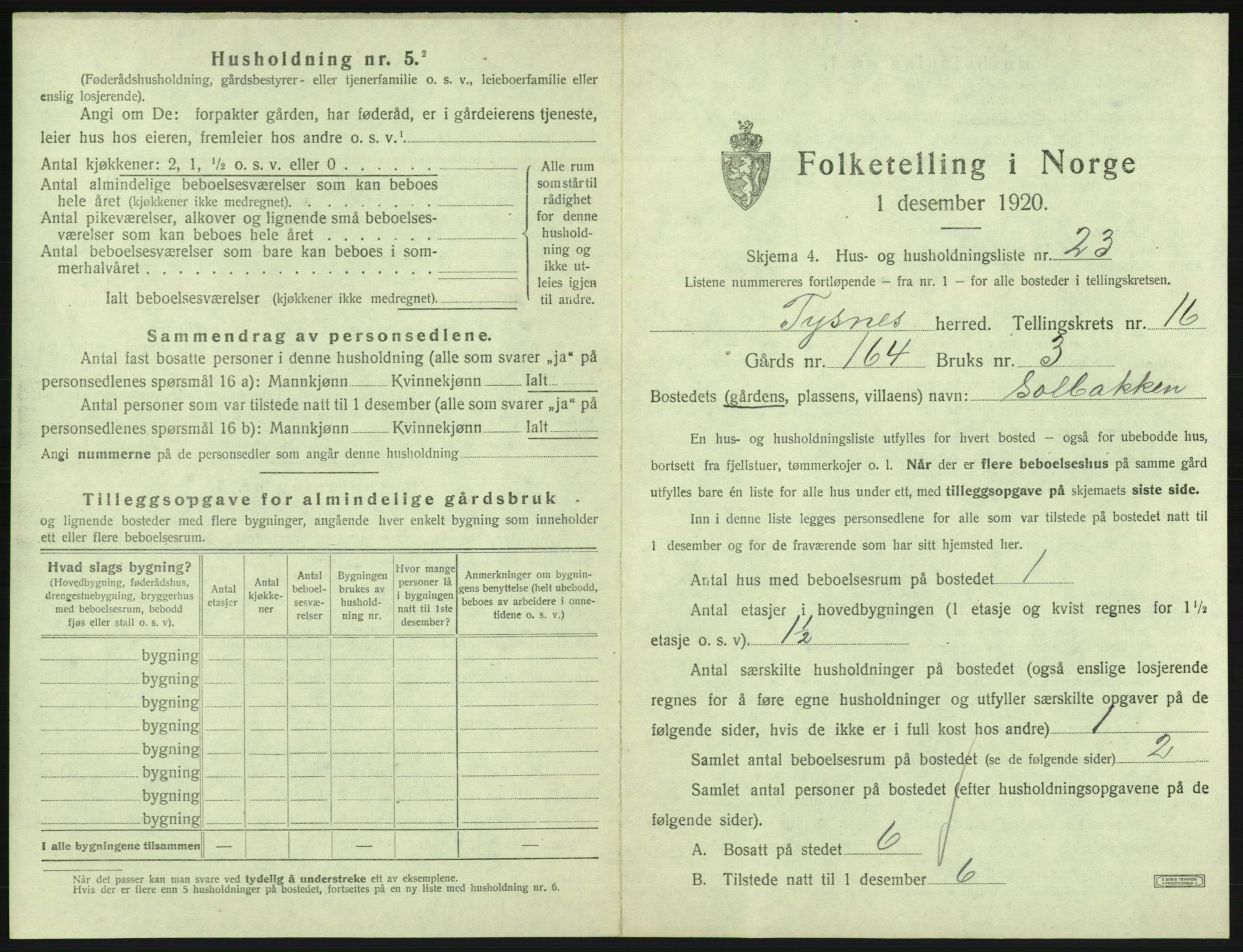 SAB, 1920 census for Tysnes, 1920, p. 1591