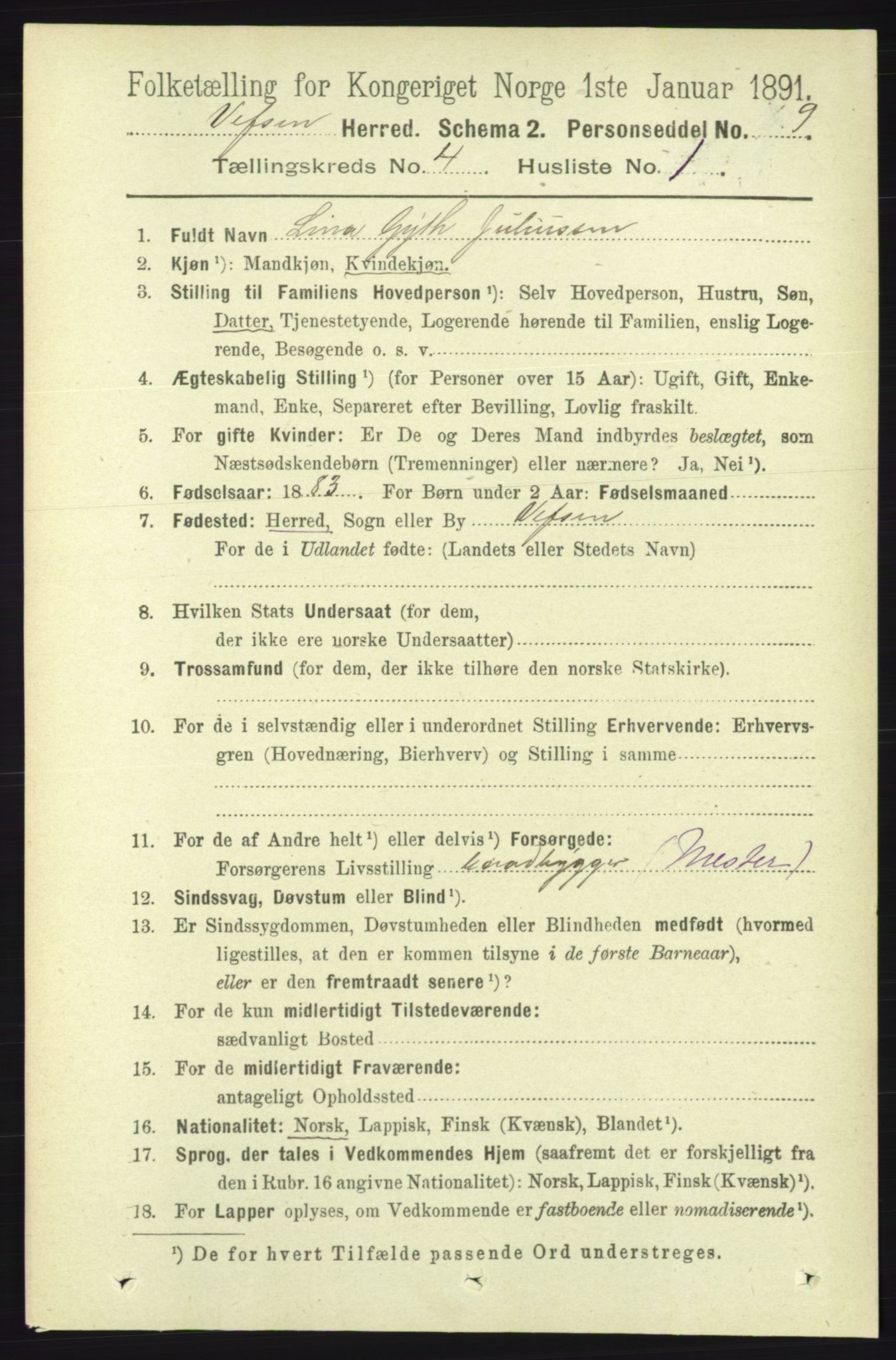 RA, 1891 census for 1824 Vefsn, 1891, p. 1629