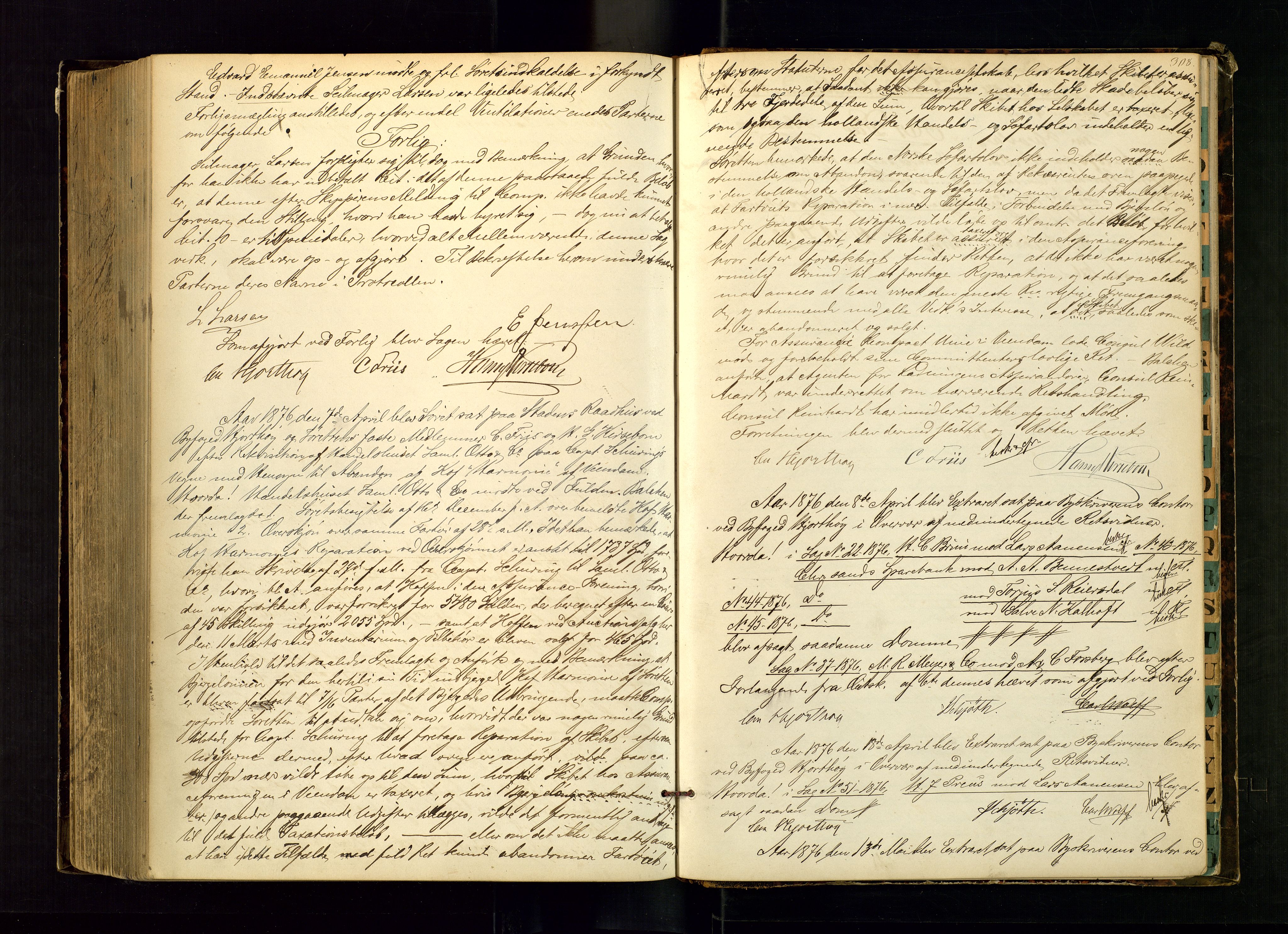 Kristiansand byrett, AV/SAK-1223-0001/F/Fb/L0006: Ekstrarettsprotokoll nr. 6 med register, 1866-1876, p. 308