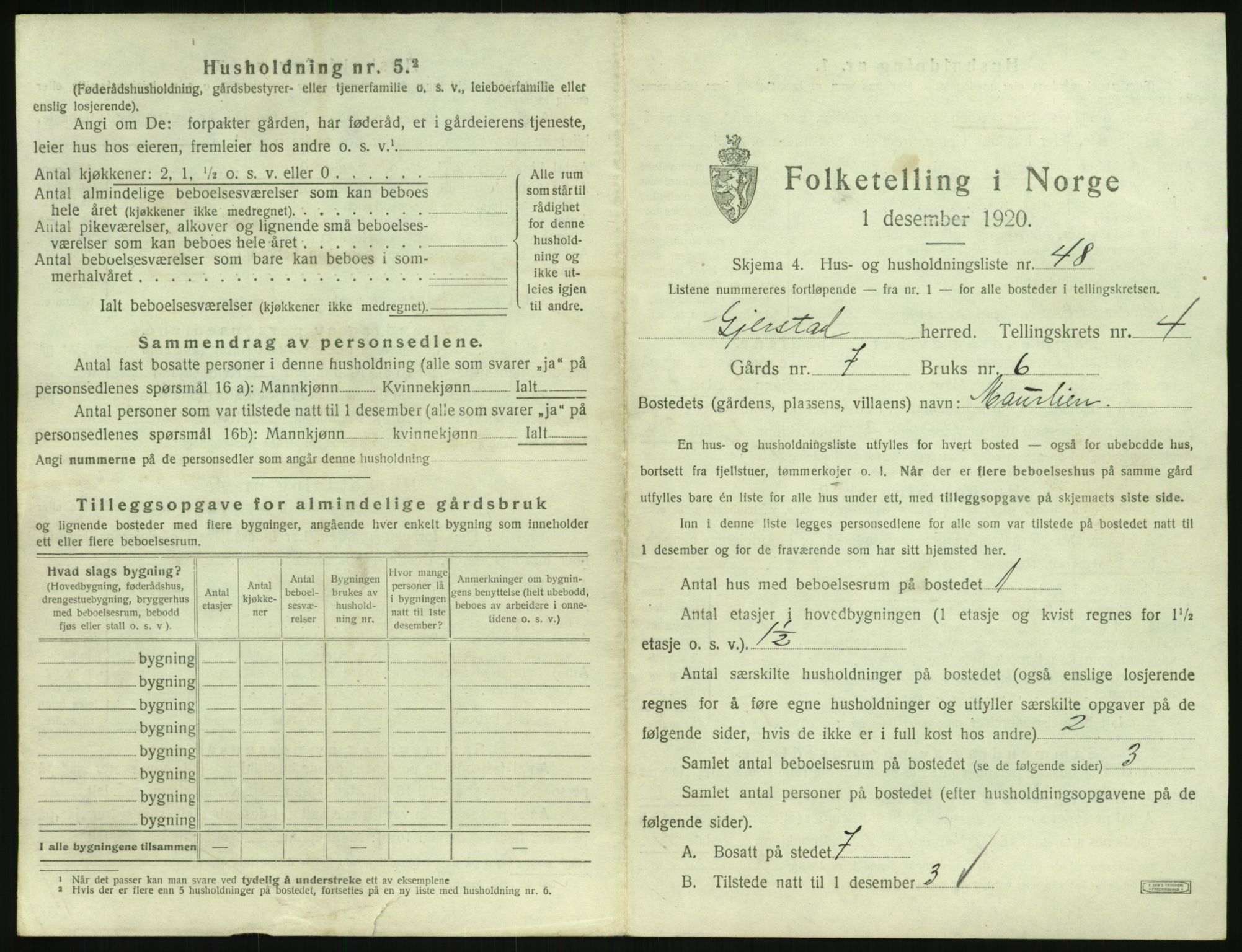 SAK, 1920 census for Gjerstad, 1920, p. 435