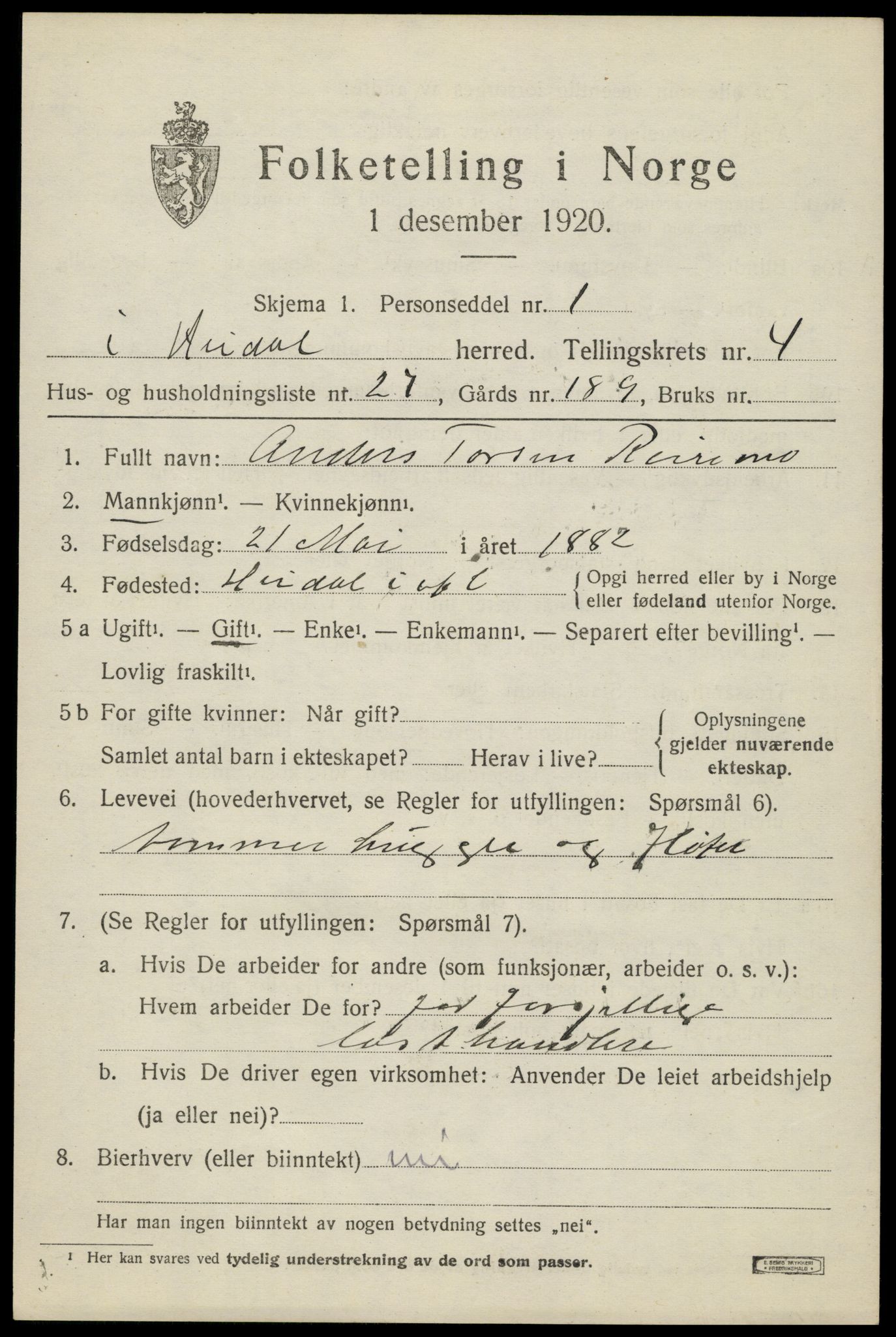 SAH, 1920 census for Heidal, 1920, p. 2354