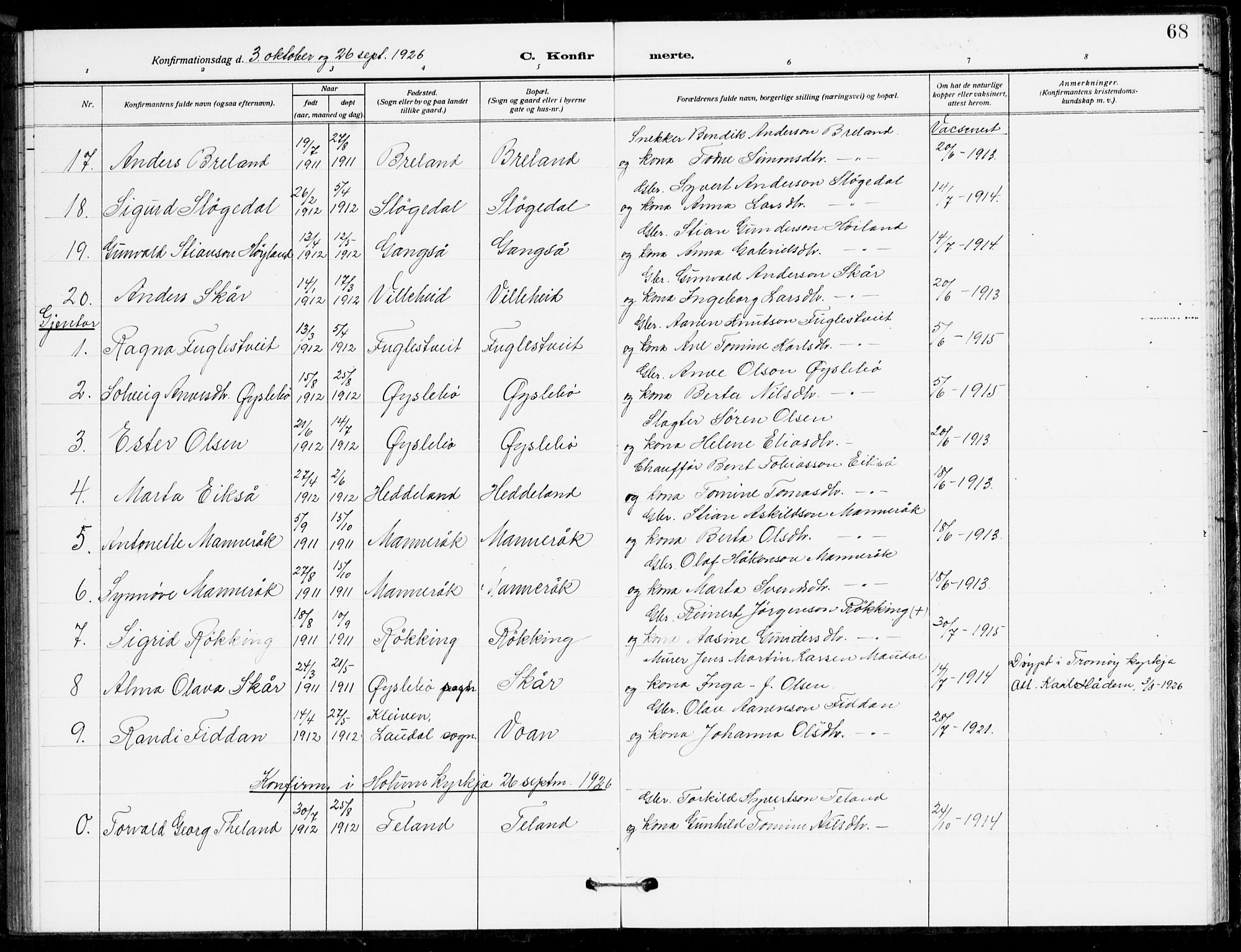 Holum sokneprestkontor, AV/SAK-1111-0022/F/Fb/Fbc/L0004: Parish register (copy) no. B 4, 1908-1930, p. 68