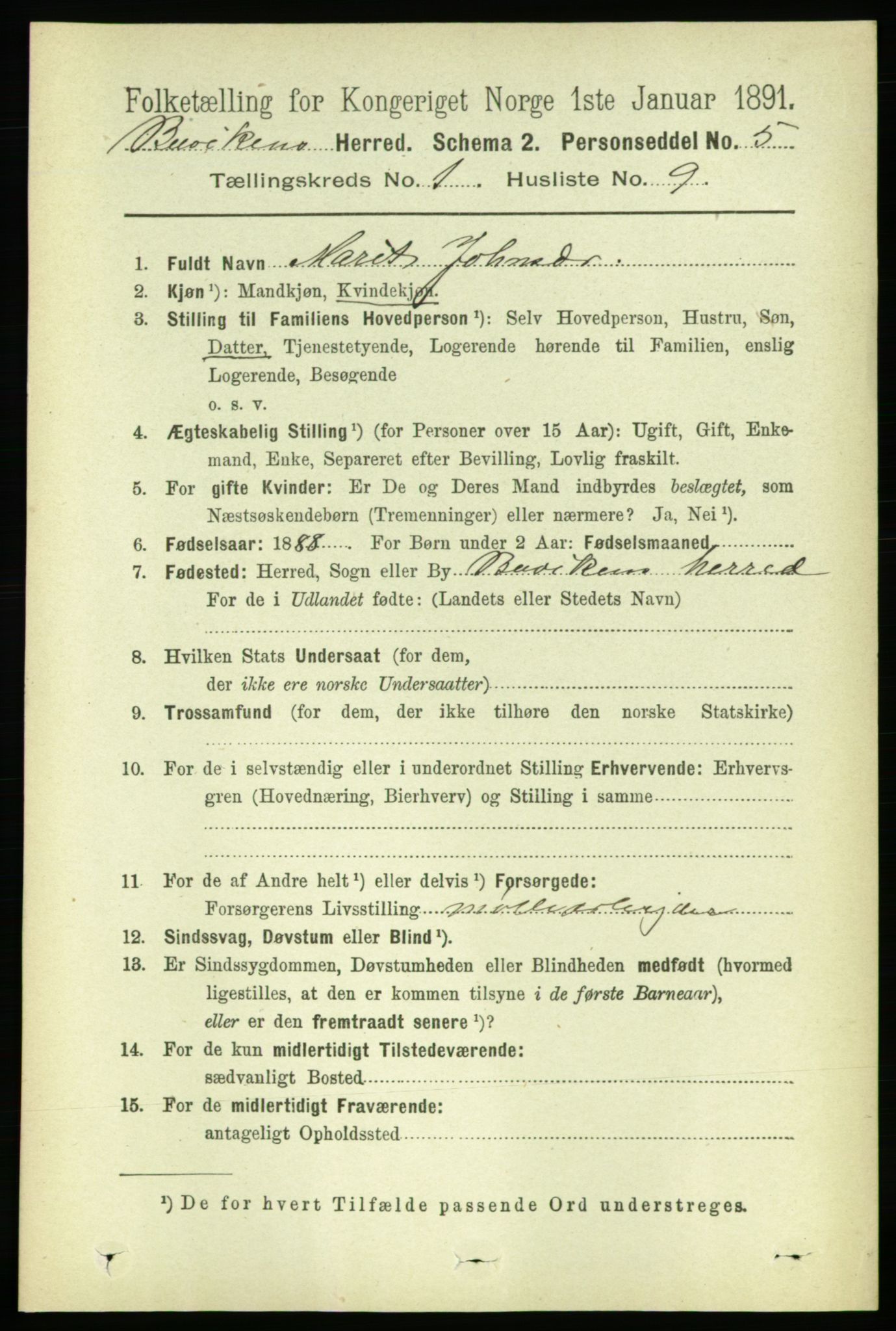 RA, 1891 census for 1656 Buvik, 1891, p. 138