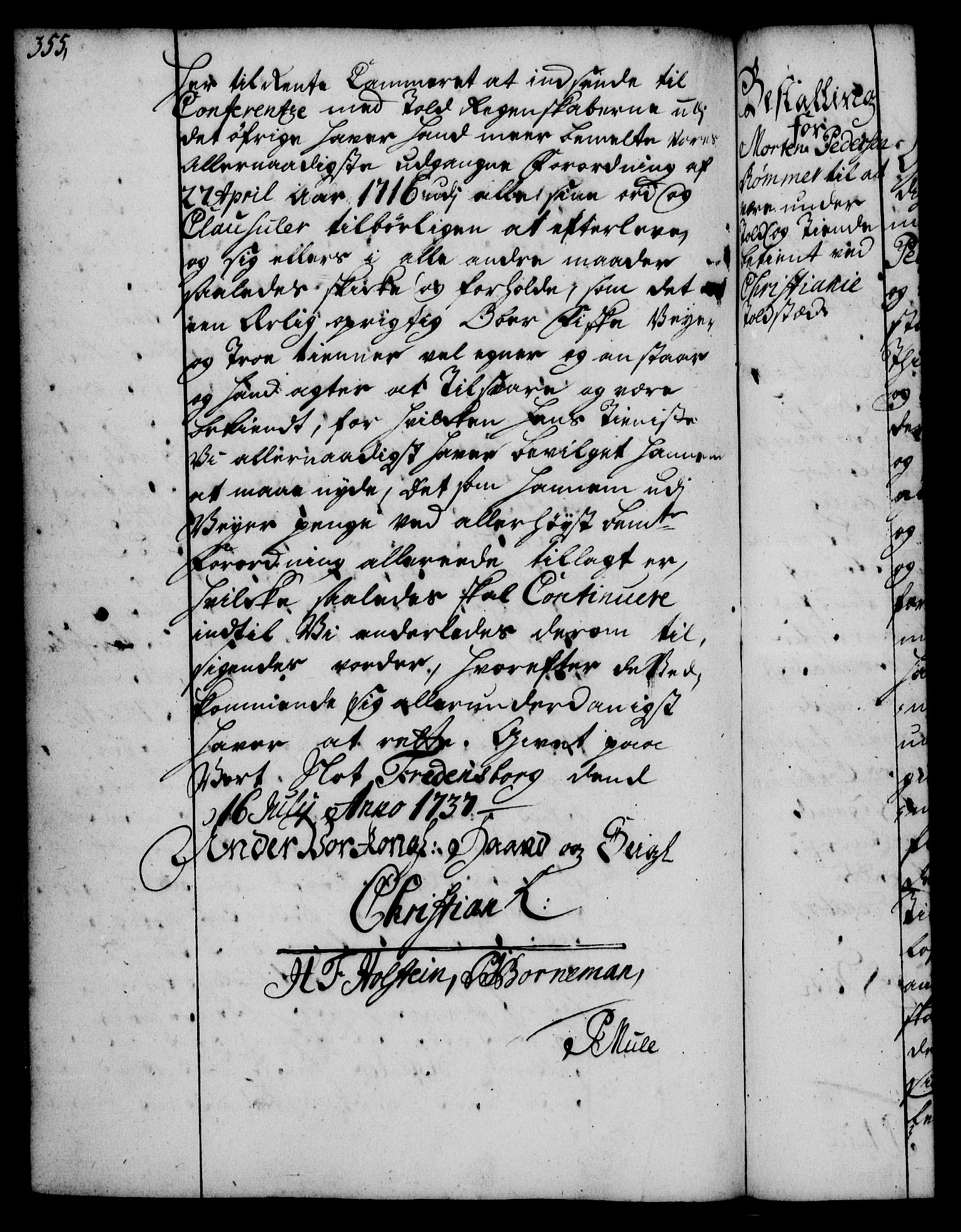 Rentekammeret, Kammerkanselliet, RA/EA-3111/G/Gg/Gge/L0002: Norsk bestallingsprotokoll med register (merket RK 53.26), 1730-1744, p. 355