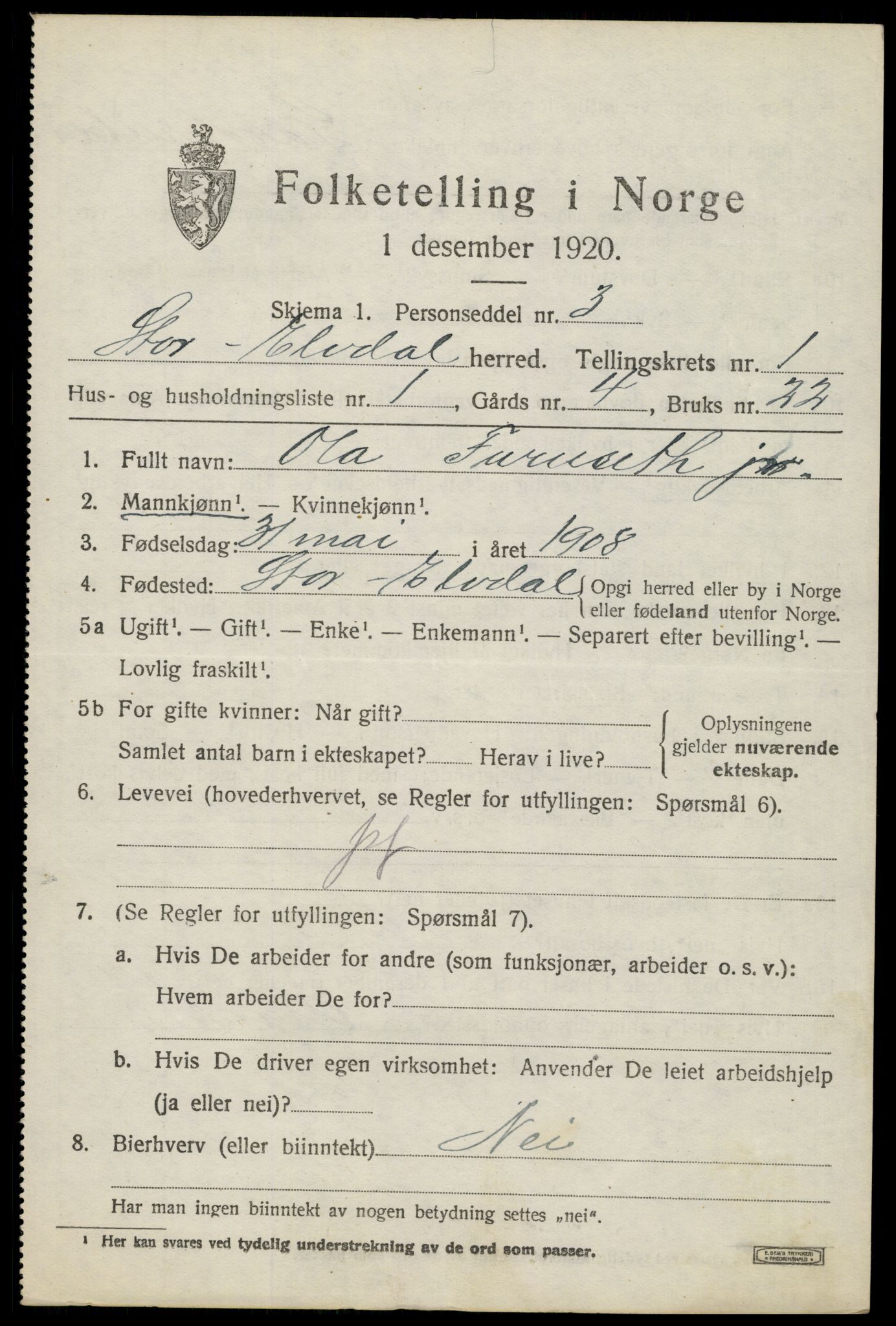 SAH, 1920 census for Stor-Elvdal, 1920, p. 1486