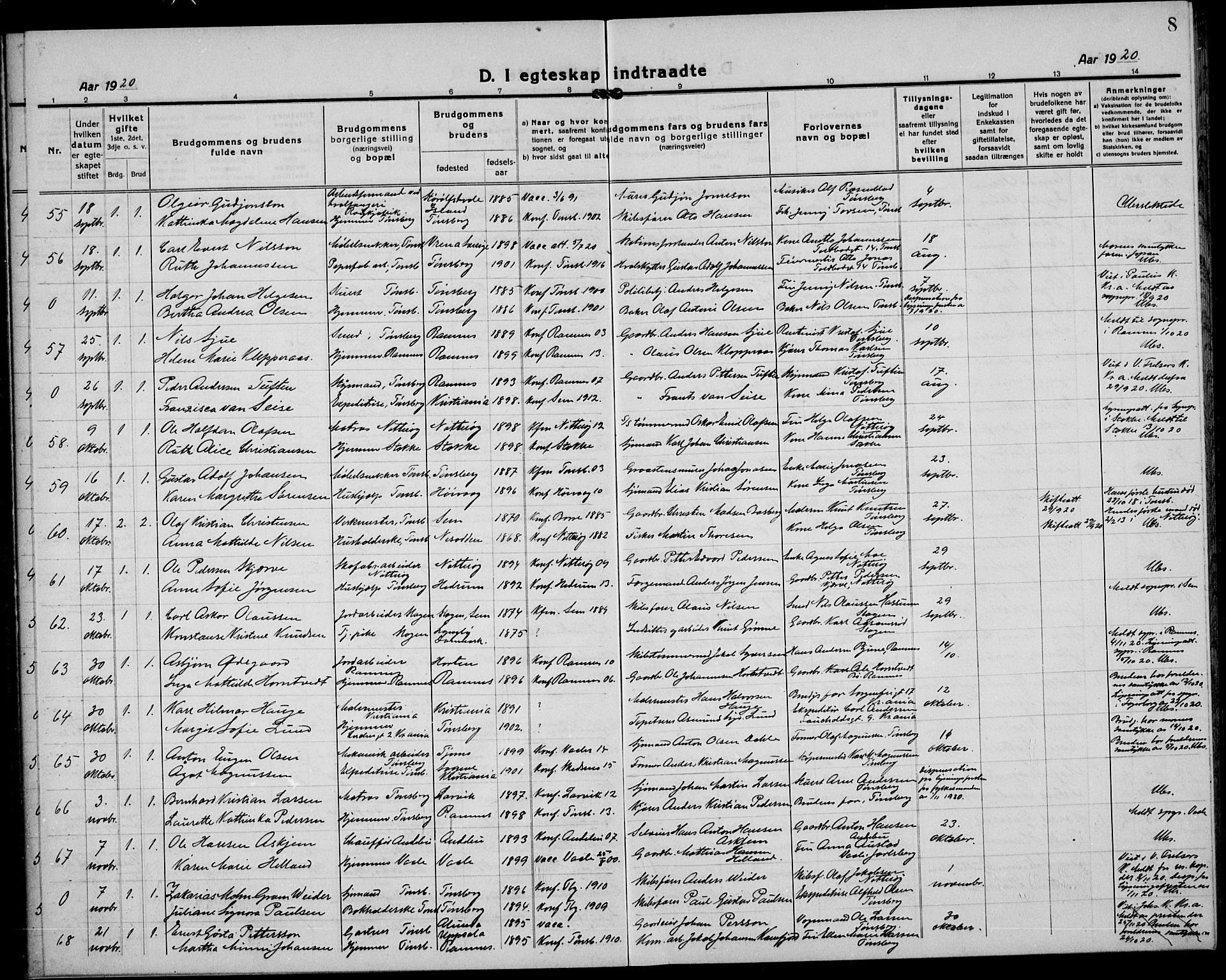 Tønsberg kirkebøker, AV/SAKO-A-330/G/Ga/L0016: Parish register (copy) no. 16, 1920-1933, p. 8