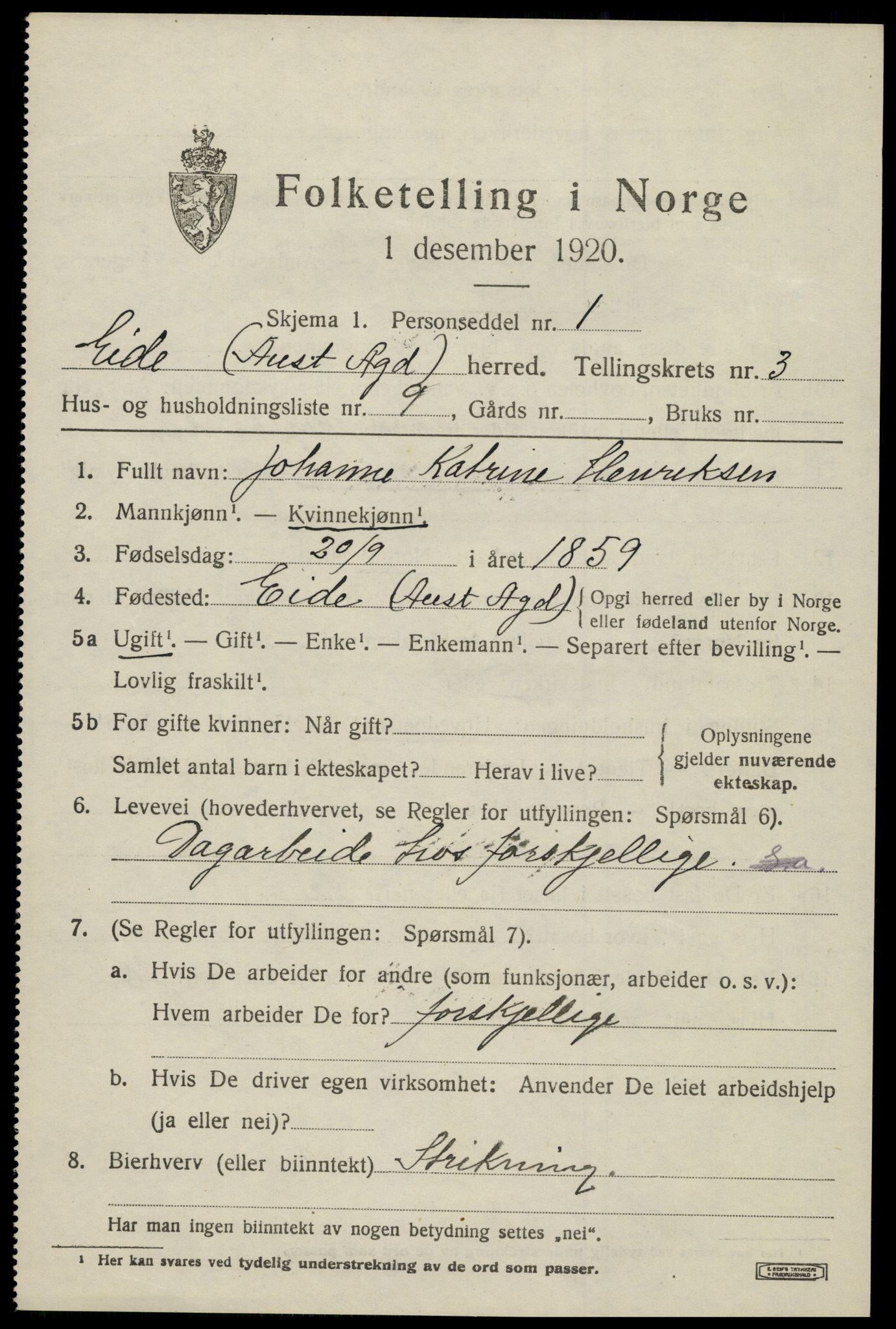 SAK, 1920 census for Eide, 1920, p. 1018