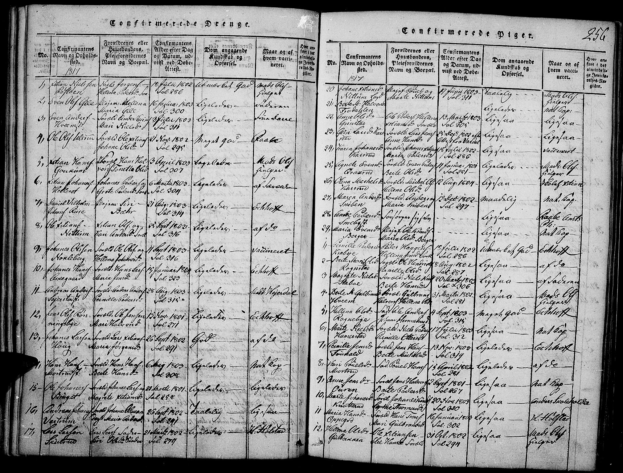 Toten prestekontor, SAH/PREST-102/H/Ha/Haa/L0009: Parish register (official) no. 9, 1814-1820, p. 256