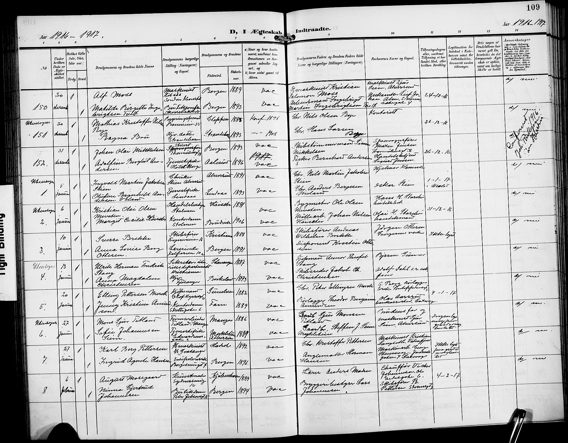 Domkirken sokneprestembete, AV/SAB-A-74801/H/Hab/L0033: Parish register (copy) no. D 5, 1907-1924, p. 109