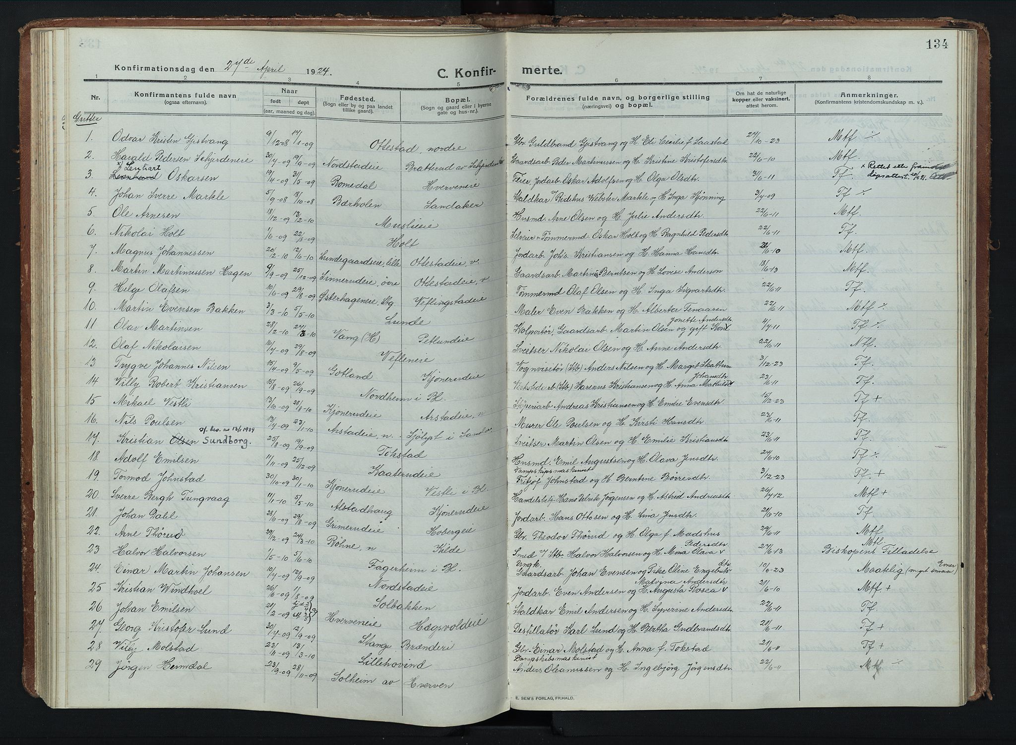 Stange prestekontor, AV/SAH-PREST-002/K/L0028: Parish register (official) no. 28, 1913-1932, p. 134