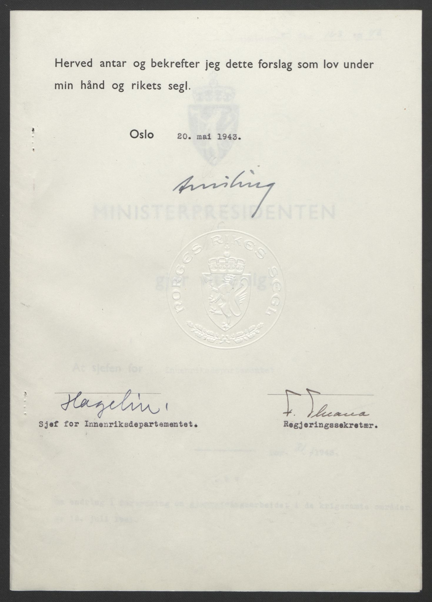 NS-administrasjonen 1940-1945 (Statsrådsekretariatet, de kommisariske statsråder mm), RA/S-4279/D/Db/L0099: Lover, 1943, p. 373