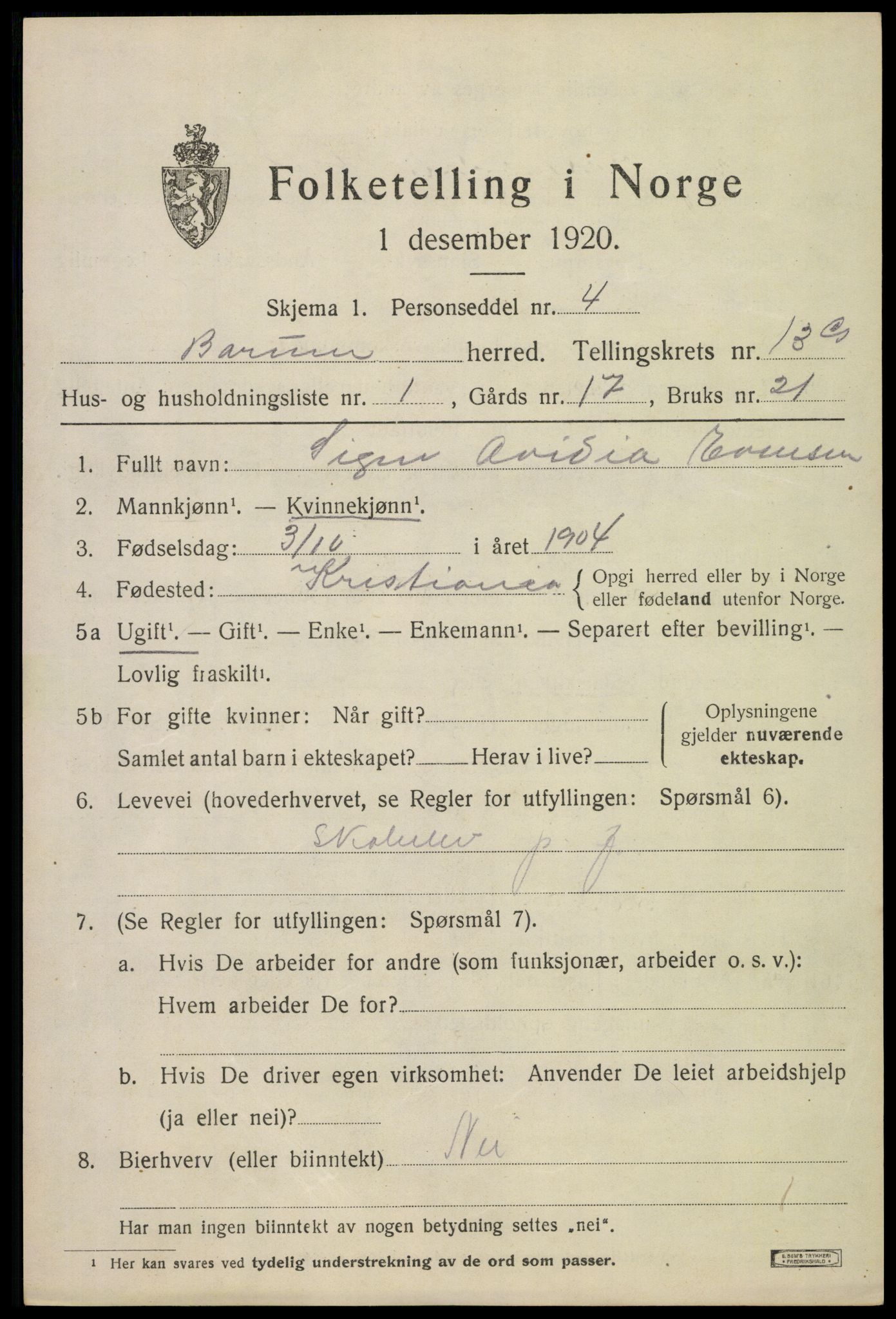 SAO, 1920 census for Bærum, 1920, p. 39936