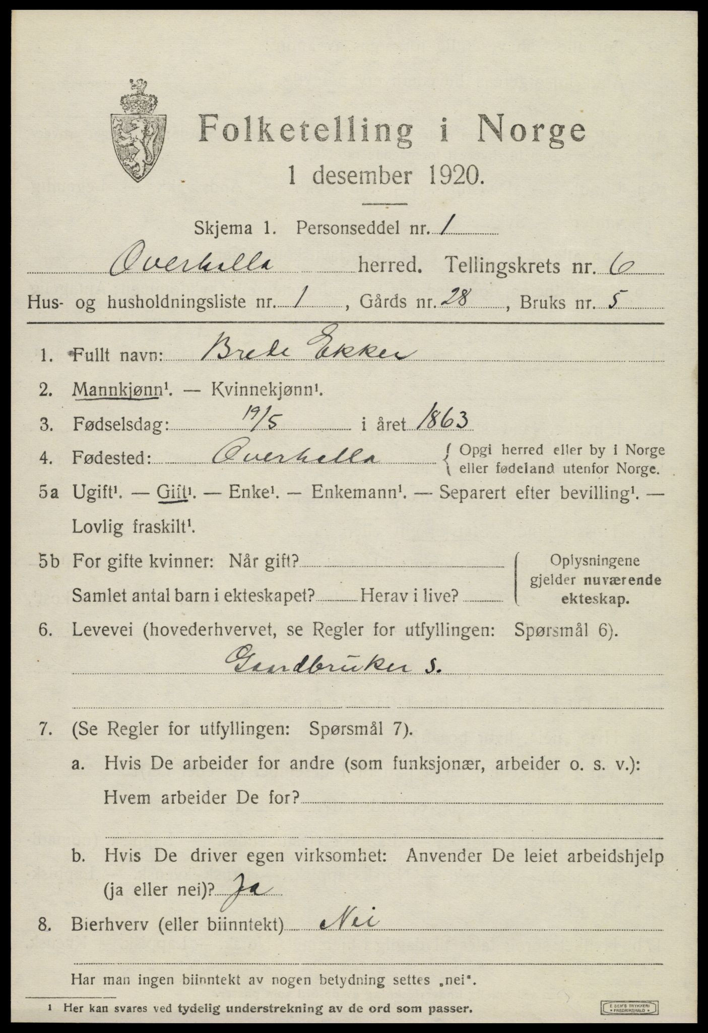 SAT, 1920 census for Overhalla, 1920, p. 4290