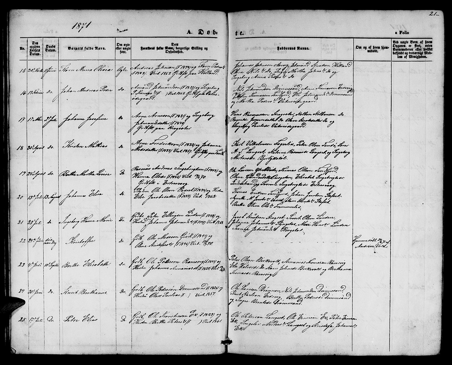 Ministerialprotokoller, klokkerbøker og fødselsregistre - Møre og Romsdal, AV/SAT-A-1454/525/L0375: Parish register (copy) no. 525C01, 1865-1879, p. 21