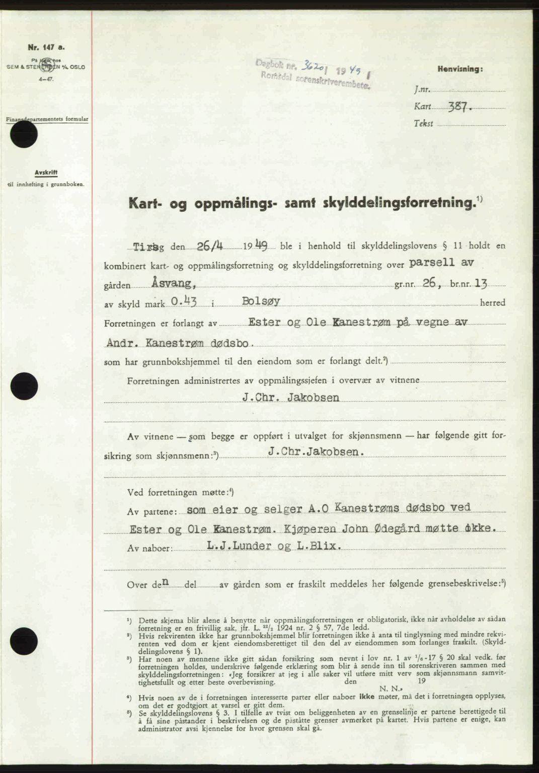 Romsdal sorenskriveri, AV/SAT-A-4149/1/2/2C: Mortgage book no. A31, 1949-1949, Diary no: : 3620/1949